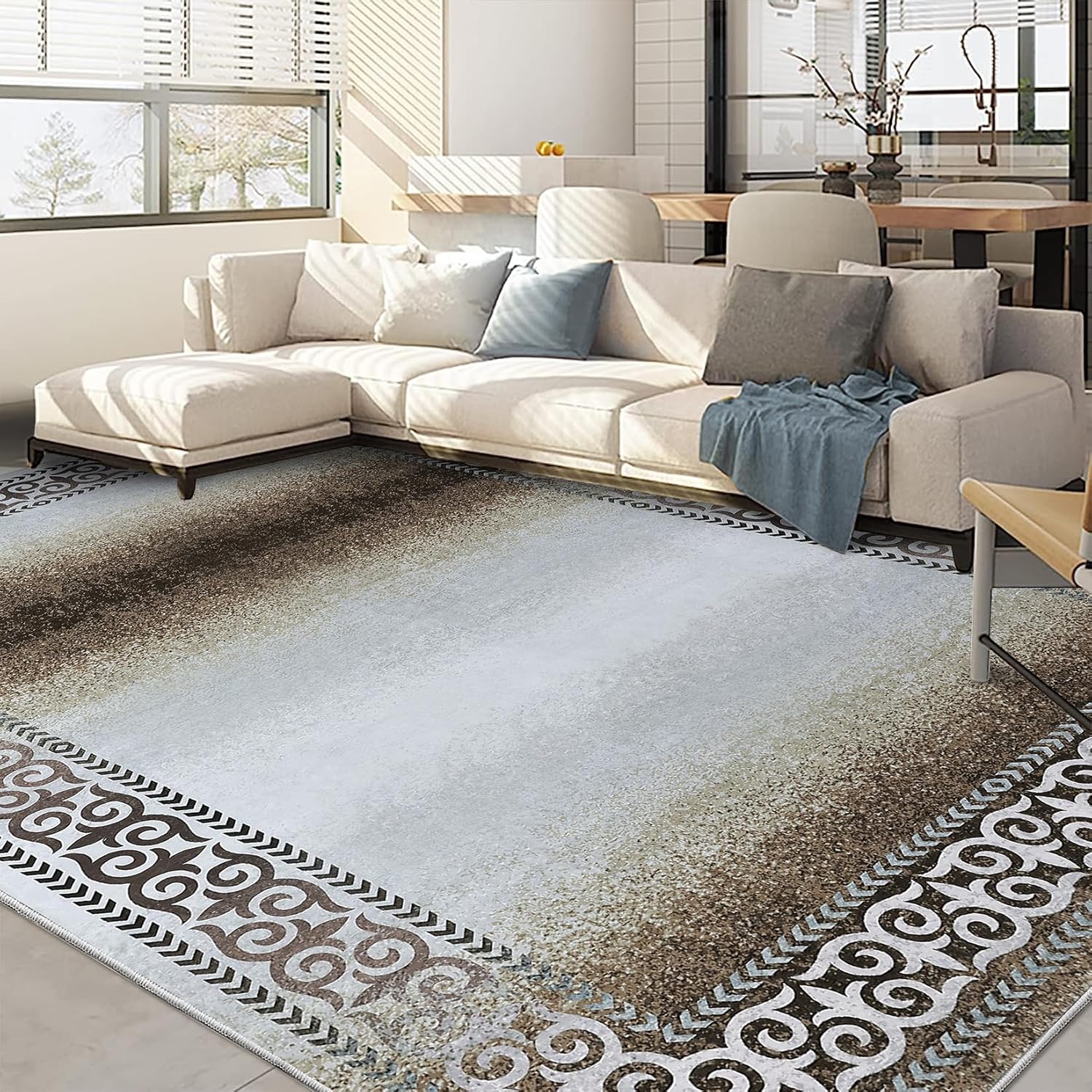 Qeetex WWJ-PHO-13EMA601 COZYLOOM Washable Rug 8 x 10 Rug for Living Room Bordered Modern Rug Non Slip Throw Rugs Soft Large Bedroom Rugs Low Pile Stain Resistant Carpet for Dining Room Nursery 8'x10' Brown