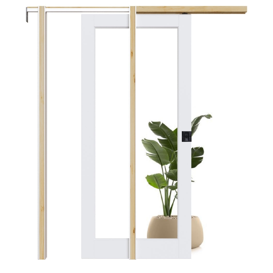 AINLARRY - 36-in x 80-in Wood Pocket Door Frame with 1-Lite Clear Glass White Prefinished MDF Poc...