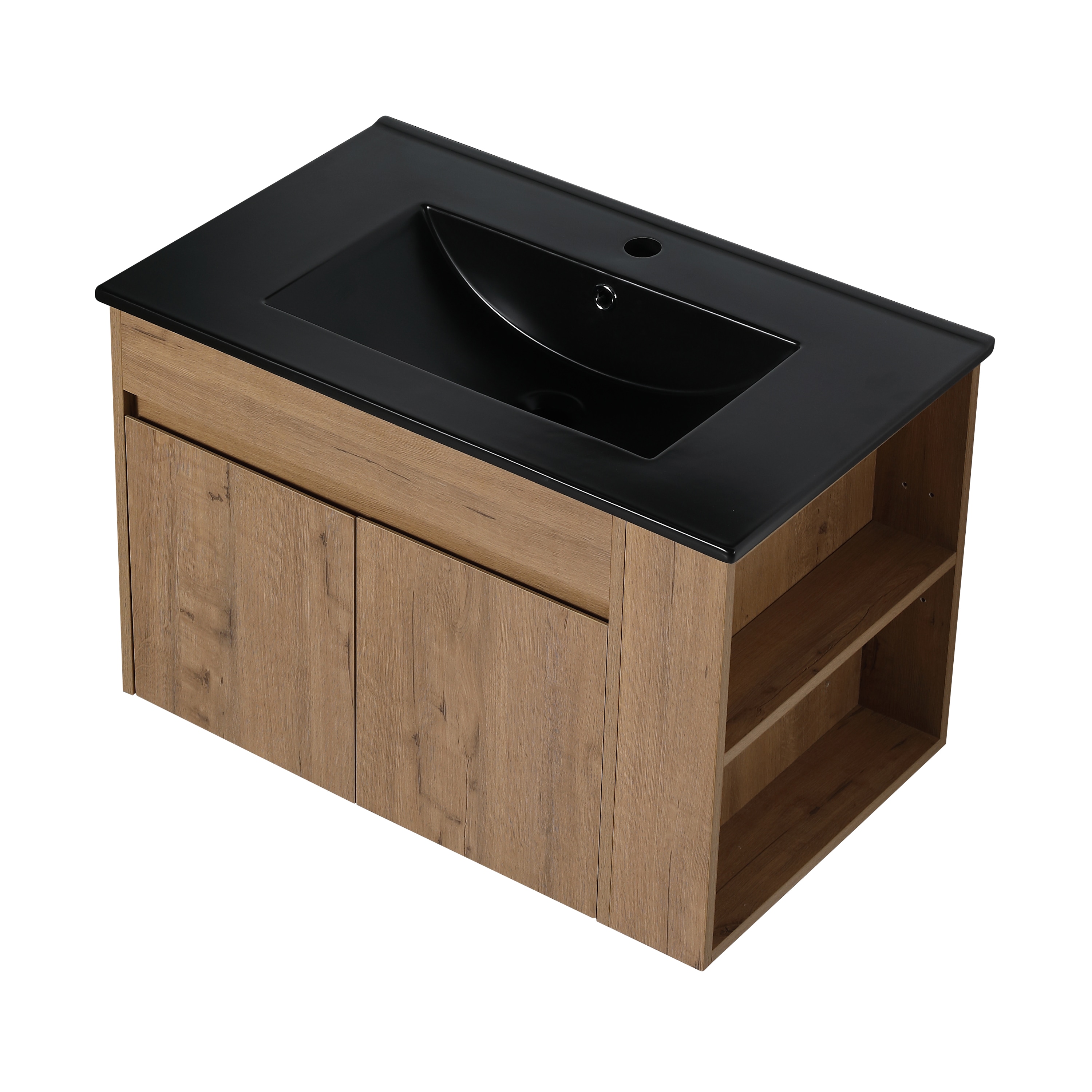 WELLFOR GLEM-51337 30-in Imitative Oak Single Sink Floating Bathroom Vanity with Black Ceramic Top