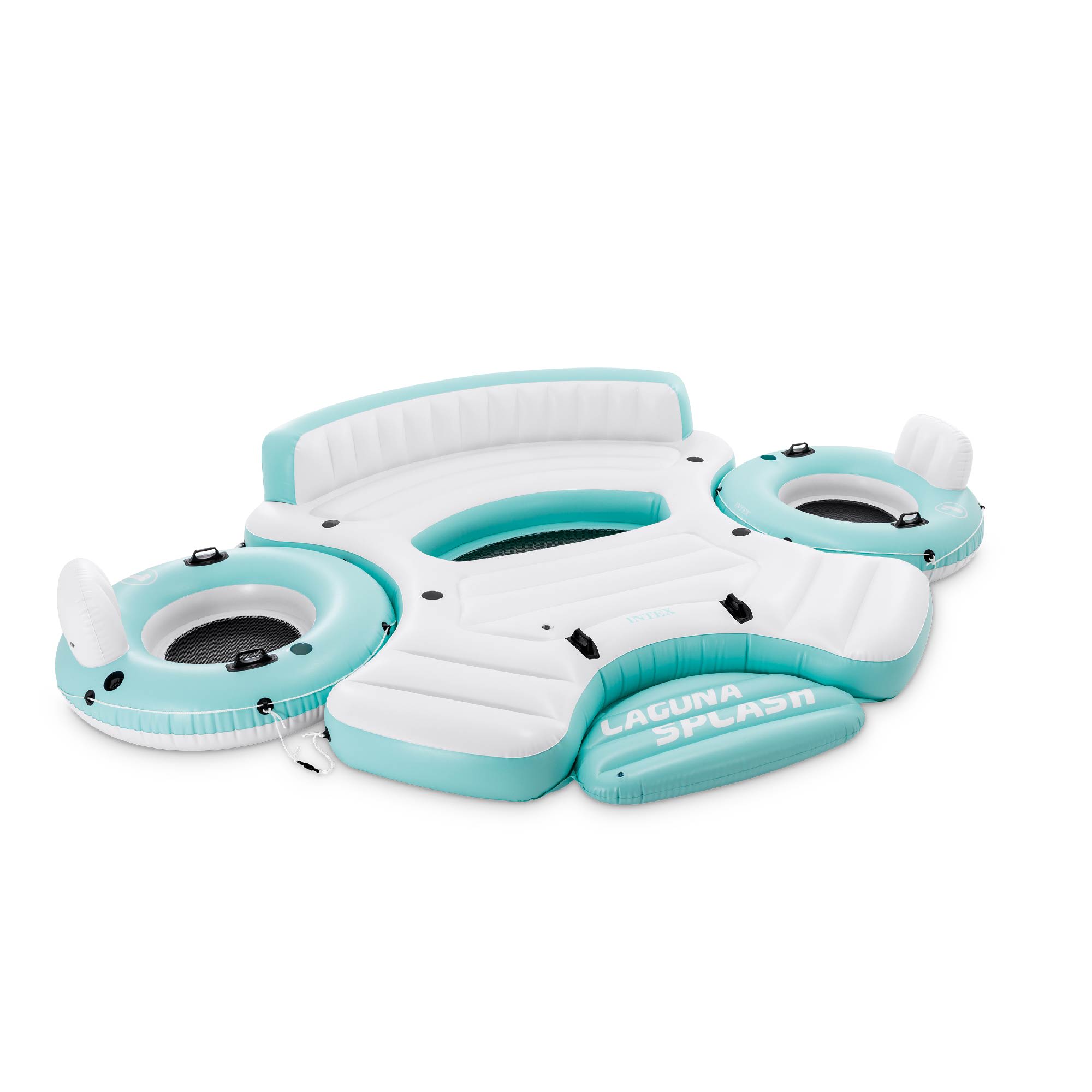 Intex 310714 Laguna Splash Island Outdoor Floating Water Raft with 2 Detachable Solo Lounge Tubes Connectors Built-In Cupholders and Grab Handles Blue