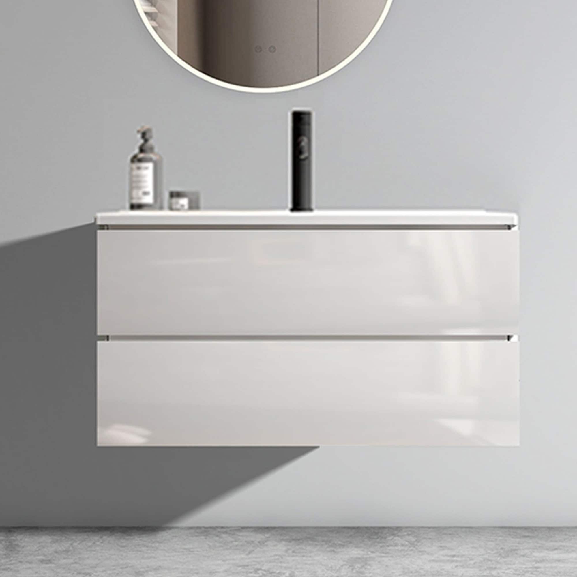 IAK 36 inch Glossy White Ceramic MDF Wall Mount Bathroom Vanity with Soft Closing Drawers