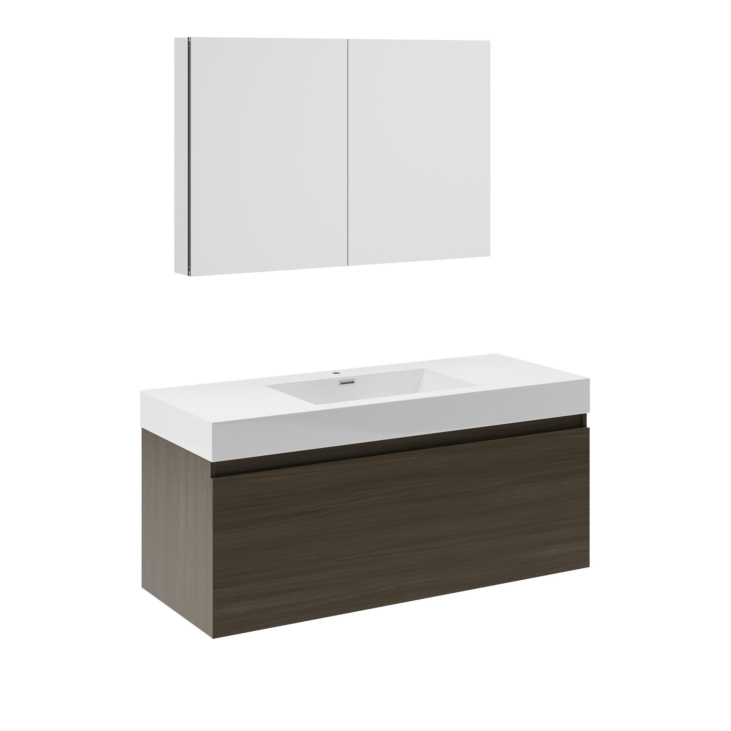 Gray Oak Wall Hung Vanity with Integrated Sink and Medicine Cabinet