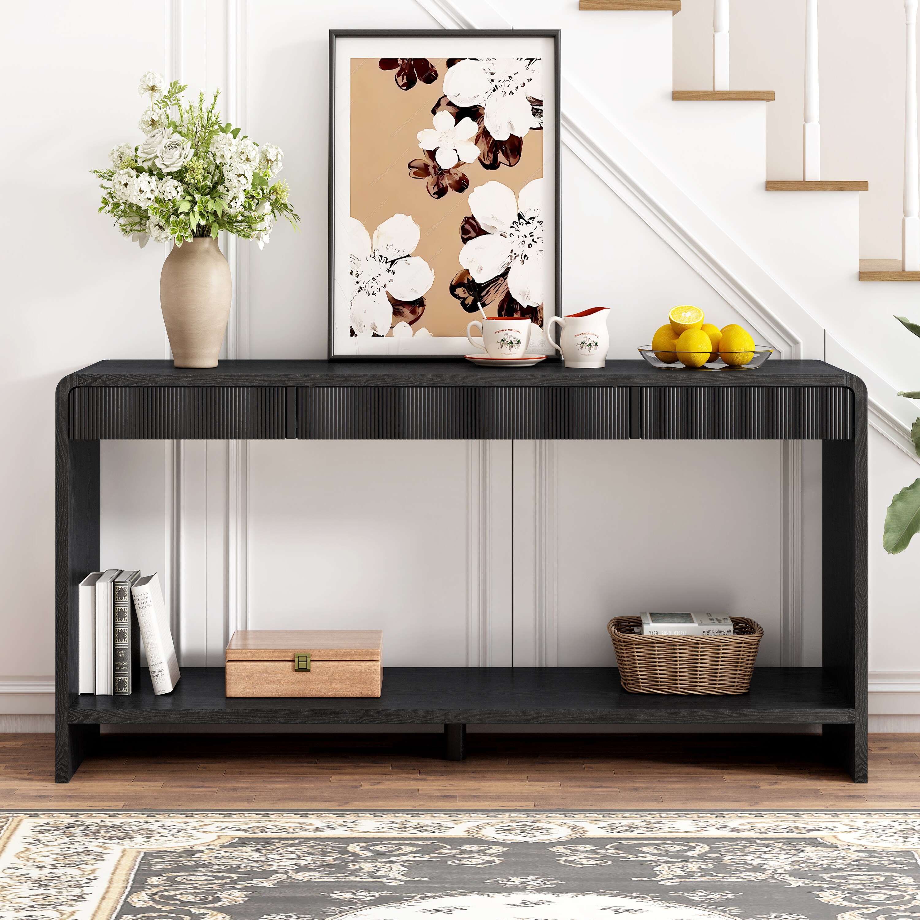 Tinyhomie Modern 3 Drawer Console Table with Vertical Slats Round Edge ...