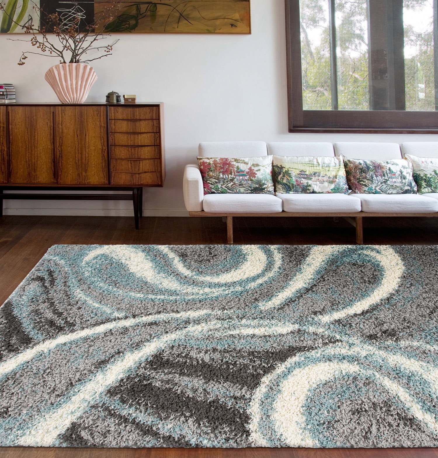 Blue and Gray Abstract Shag 5' x 7' Area Rug