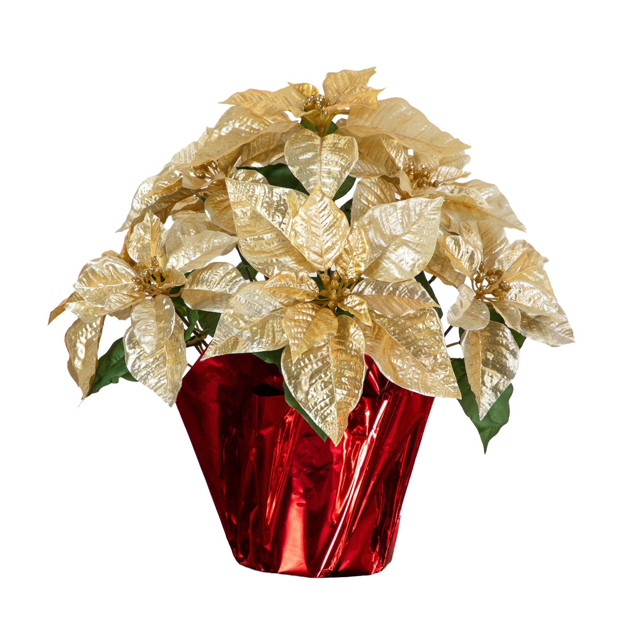 Nearly Natural 19in. Artificial Lush Gold Velvet Poinsettia Arrangement in Red Wrapped Planter