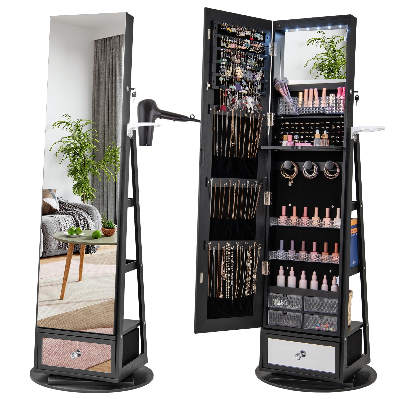 Slickblue D-CO-KD59111VJ Lockable 360° Swivel Jewelry Cabinet with Full-Length LED Mirror and Rear Shelves – 22L x 64.5H – Bedroom or Dressing Room Storage- Available in Four Color Option