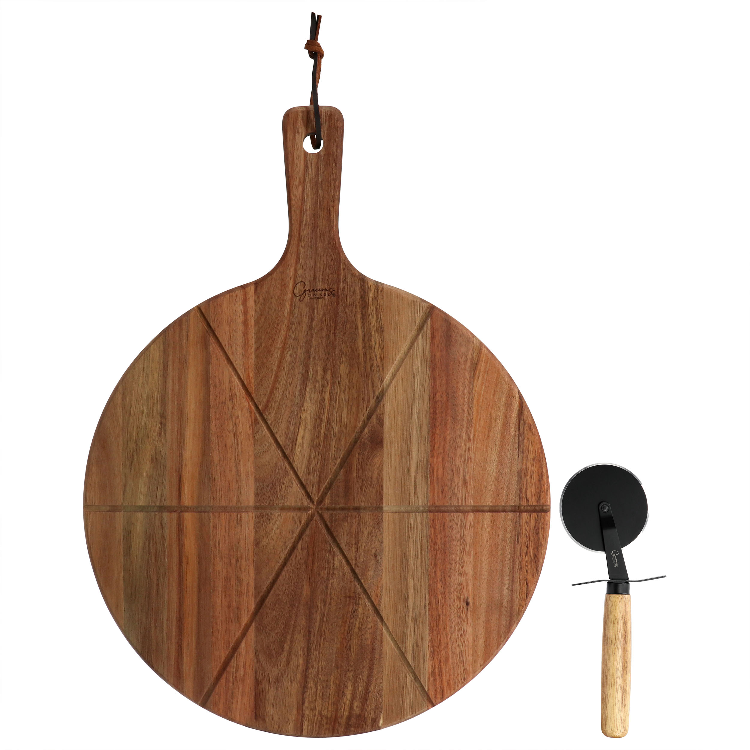Gibson Elite  2 Piece Acacia Wood Serving Board and Pizza Cutter Set in Brown