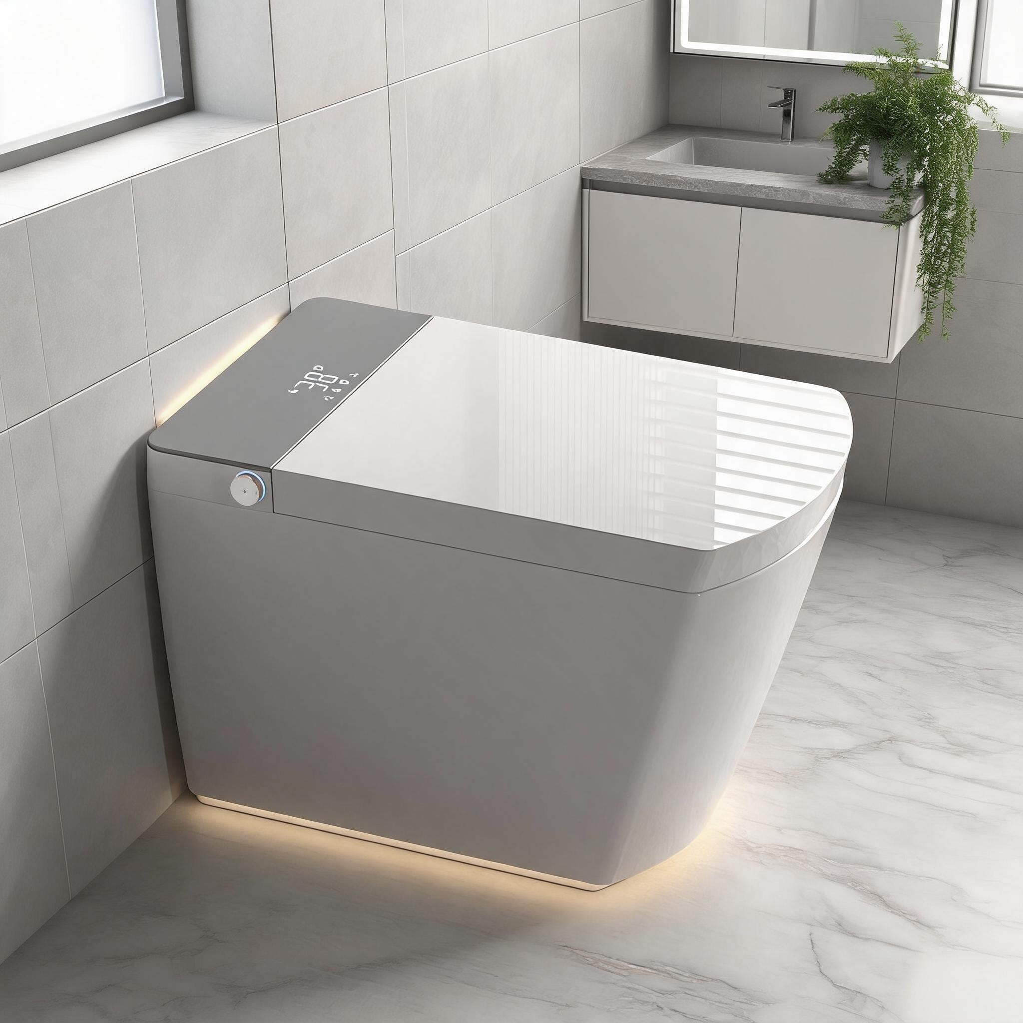 SunJet - Elongated Smart Toilet in White Ceramic with Slate Gray Seat Automatic Open/Close Lid an...