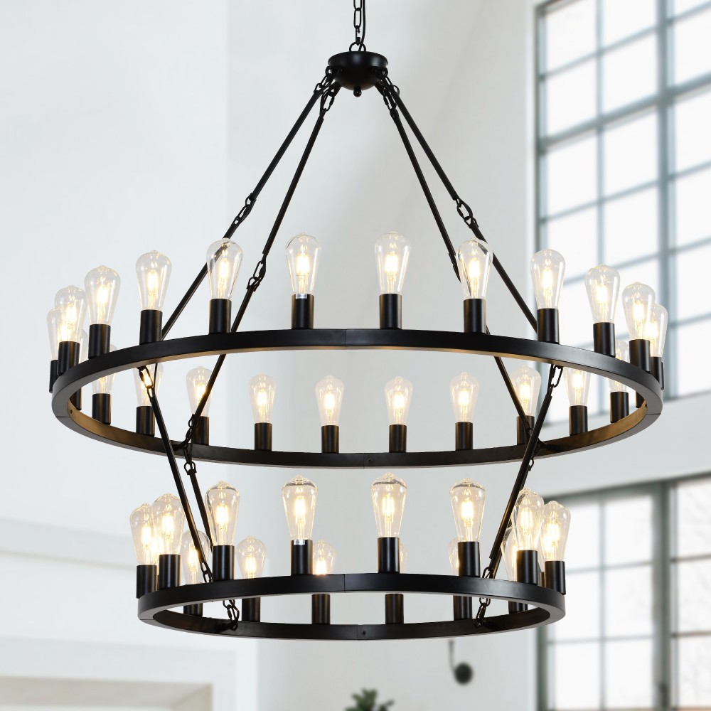 Basdien 45 in Matte Black Wagon Wheel Chandelier 36 Light Bulbs Not Included E26 Base Farmhouse for Dining Room Living Room High Ceiling Adjustable Height 3 Chains Easy Install Extra Large Home Decor Rustic Farmhouse Style Ceiling Light