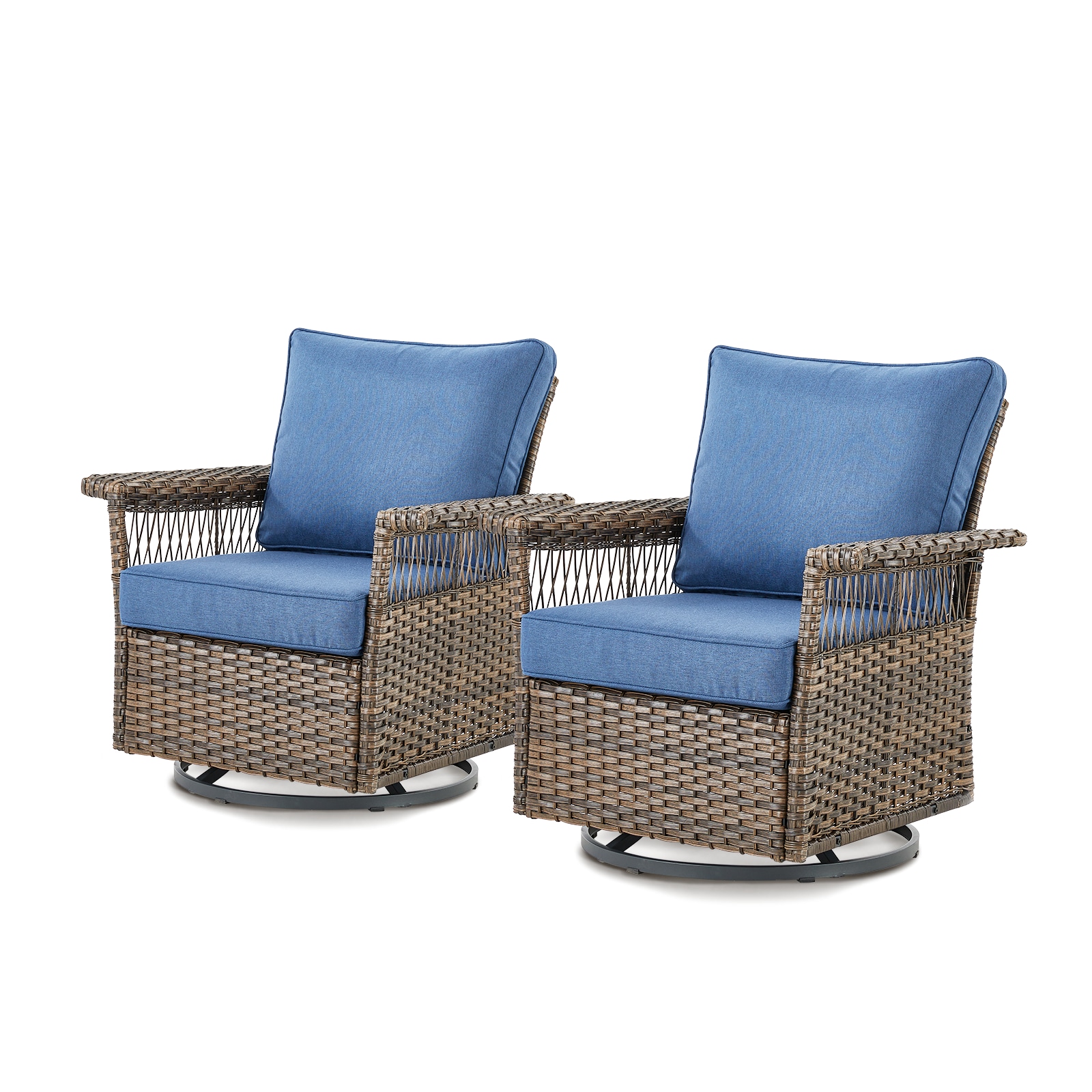 Rilyson FSSLBR20-1 Seagulls Set of 2 Wicker Brown Wicker Frame Swivel glider Rocking Chair with Blue Blue Cushioned Seat