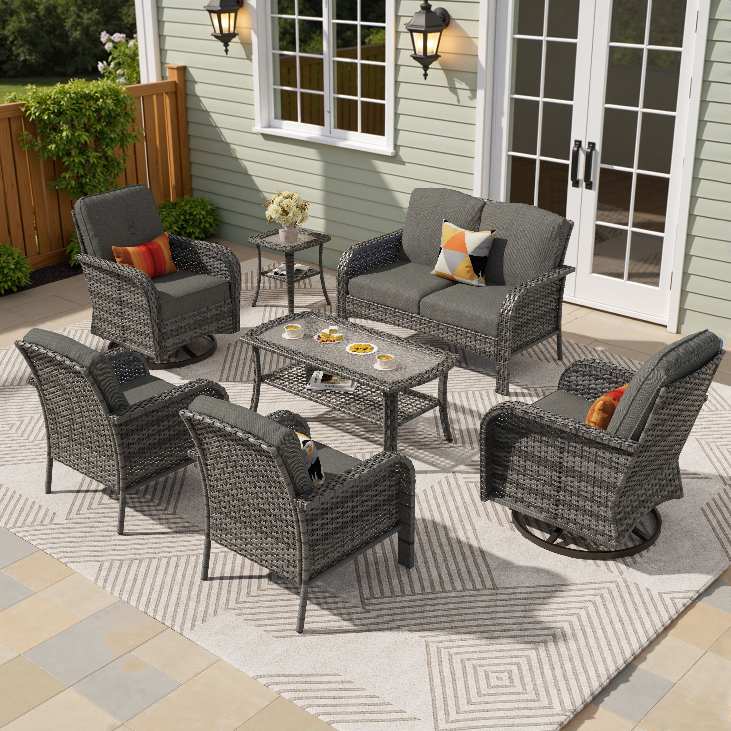 Pouuin SGR106 6 -Piece Wicker Patio Sofa Conversation Set with Black Cushions