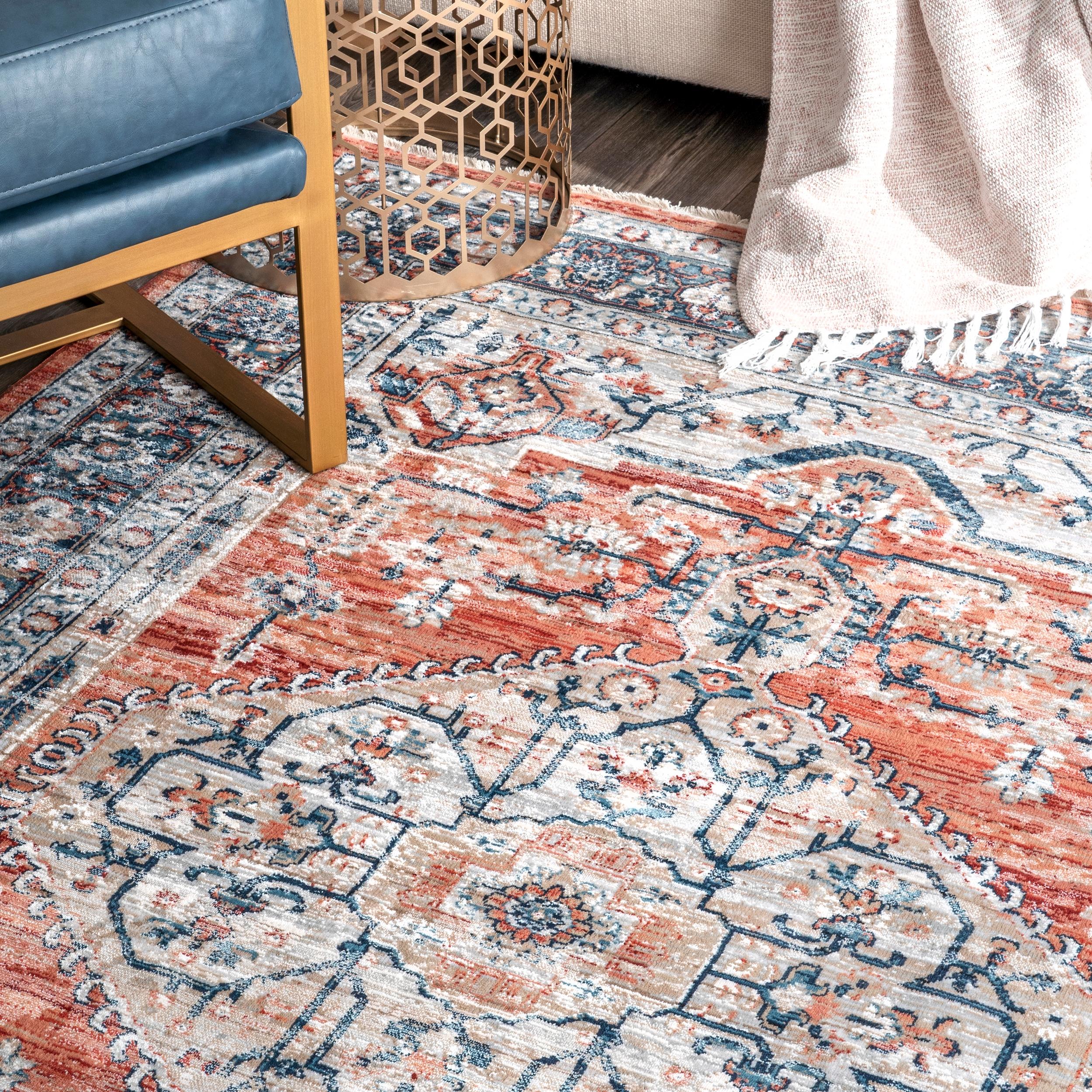 Zara Blue and Rust Synthetic Oval Medallion Area Rug 5' x 8'