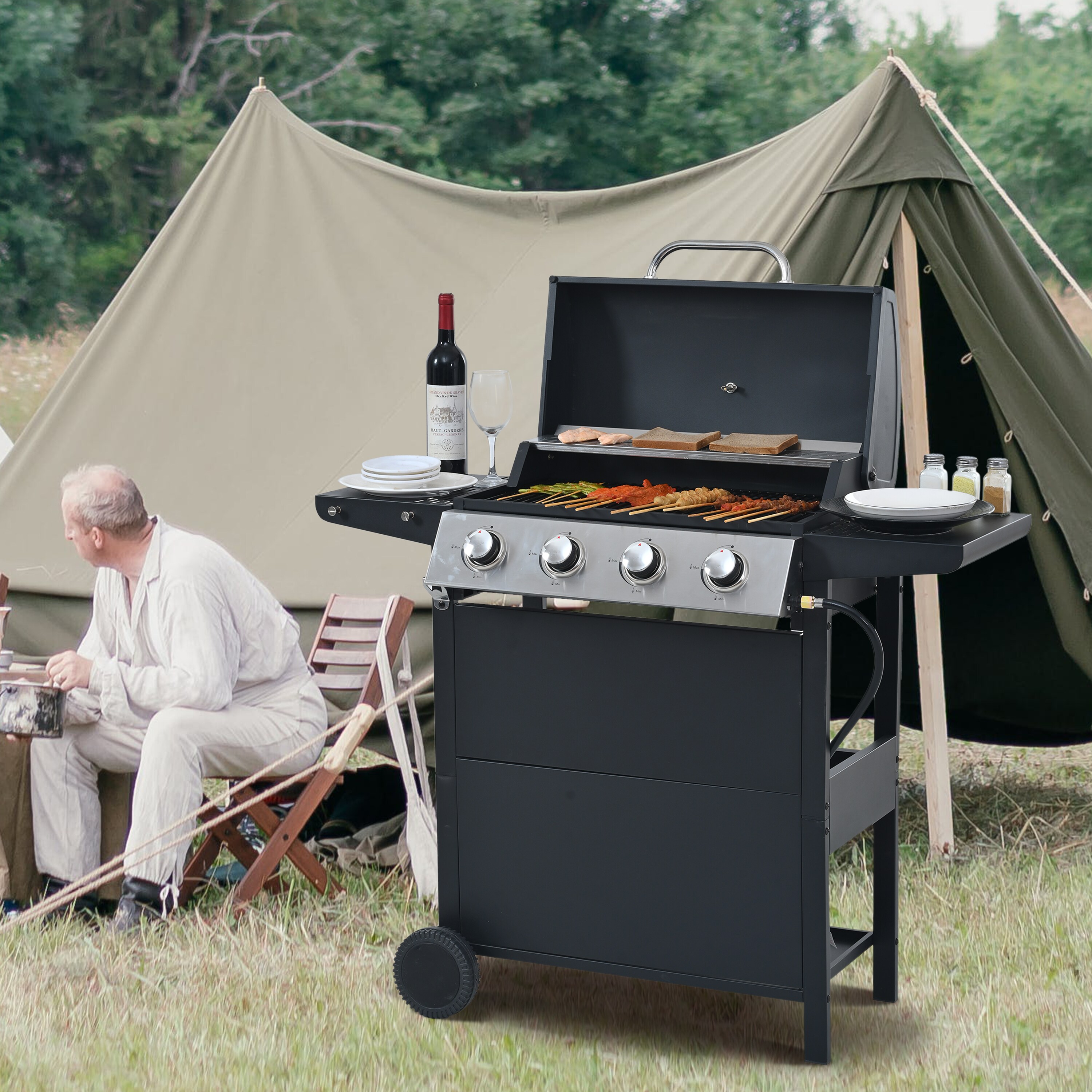 Mondawe Black and Silver 4-Burner Liquid Propane Gas Grill with 1