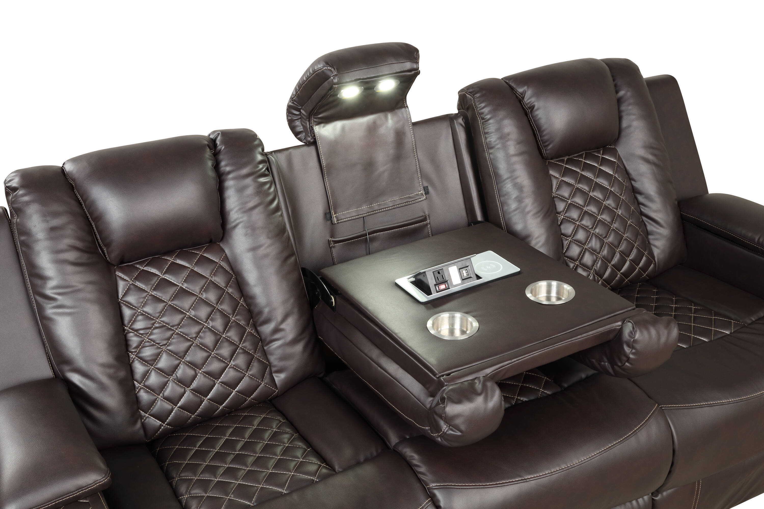 Brown Faux Leather Power Reclining Loveseat with LED Lights