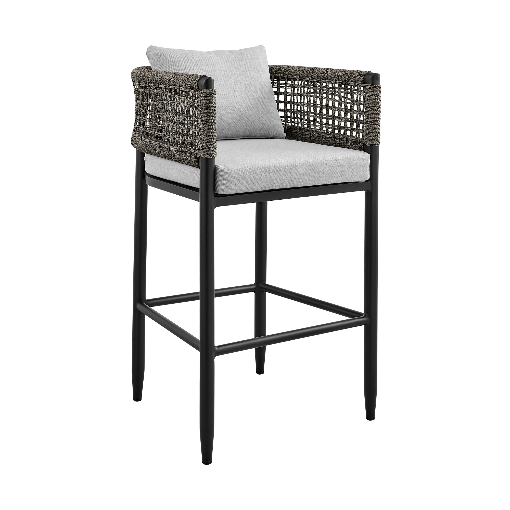 Alegria Gray Aluminum and Rope Outdoor Bar Stool with Cushions