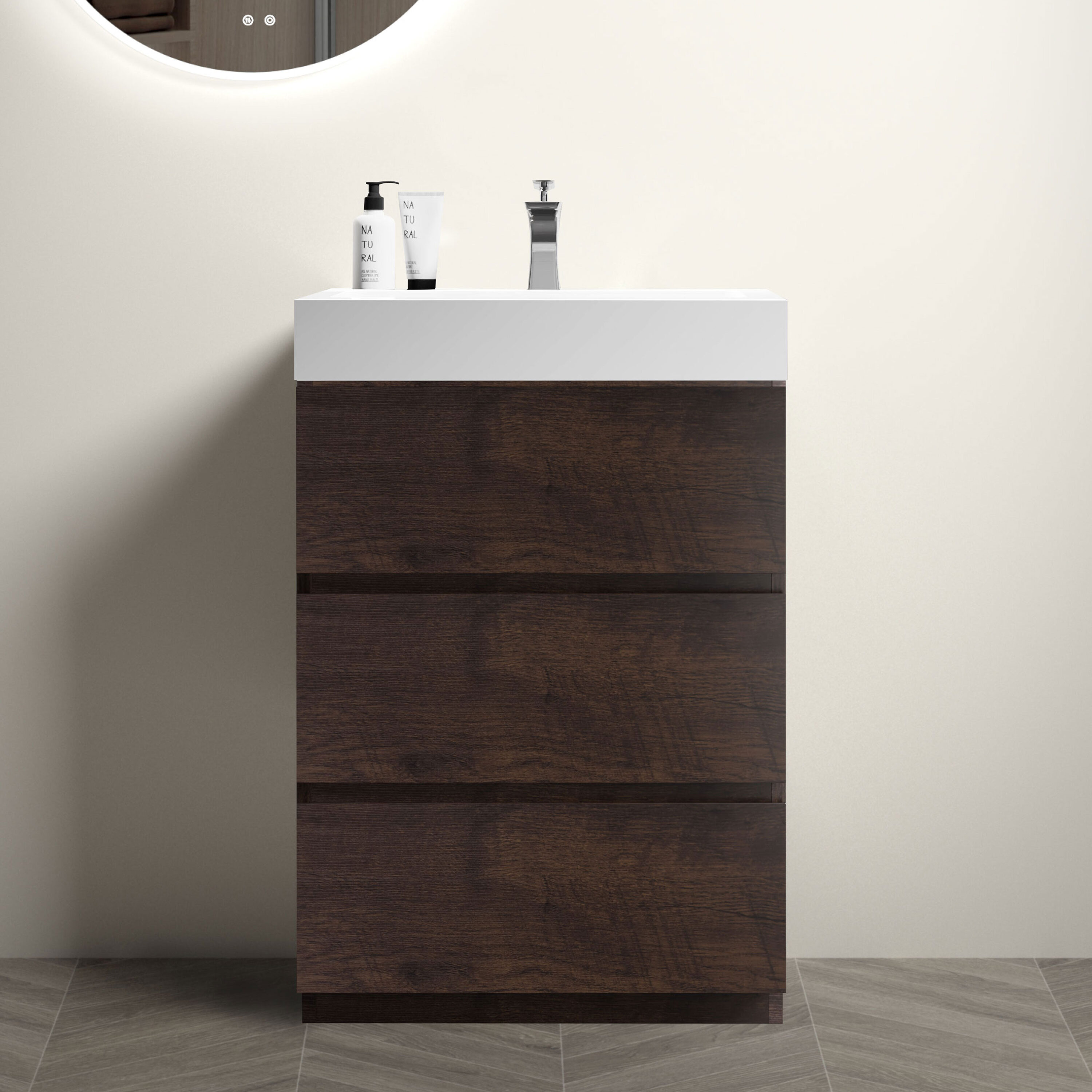 GDFStudio 328566 Alice Modern Freestanding Bathroom Vanity 24 inch Walnut with White Sink