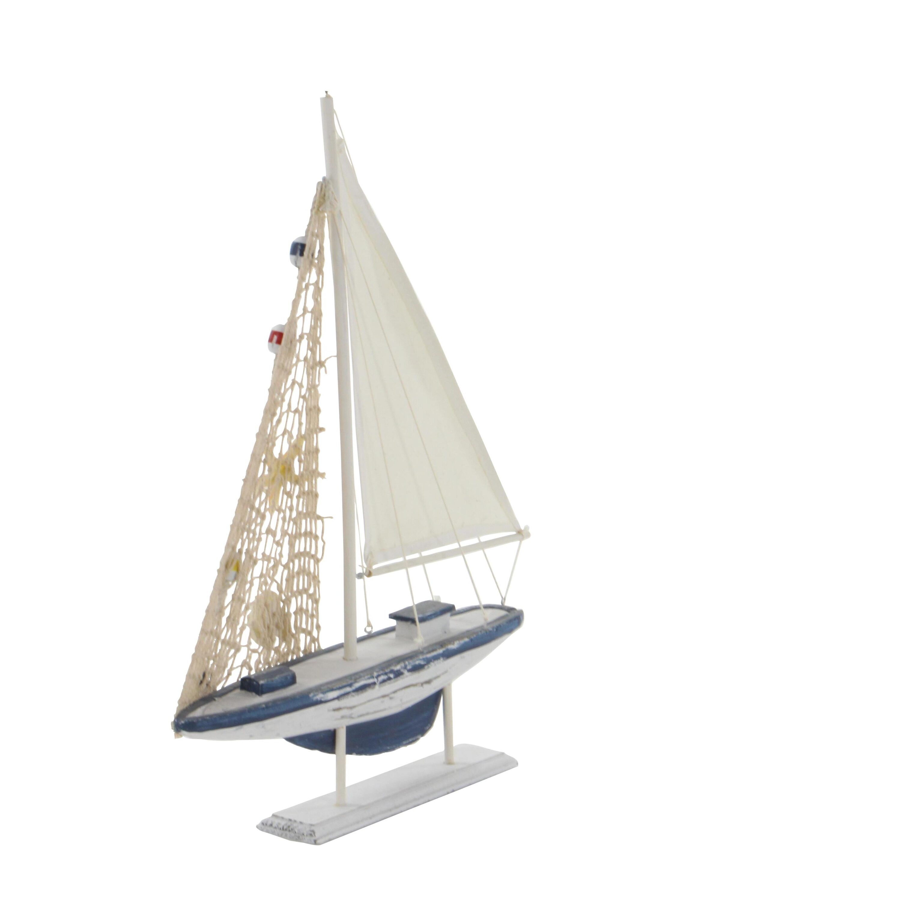 White and Blue Pine Wood Nautical Sail Boat Sculpture Set