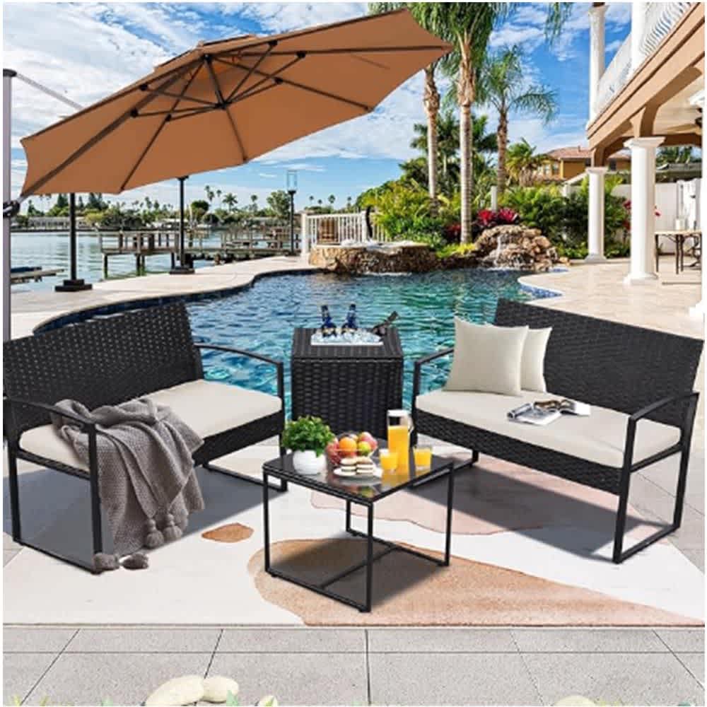JUJABU CONSET-9 4 Piece Black Wicker Conversation Set with Built-in Ice Bucket Inser Beige Cushions for Garden Patio and Outdoor