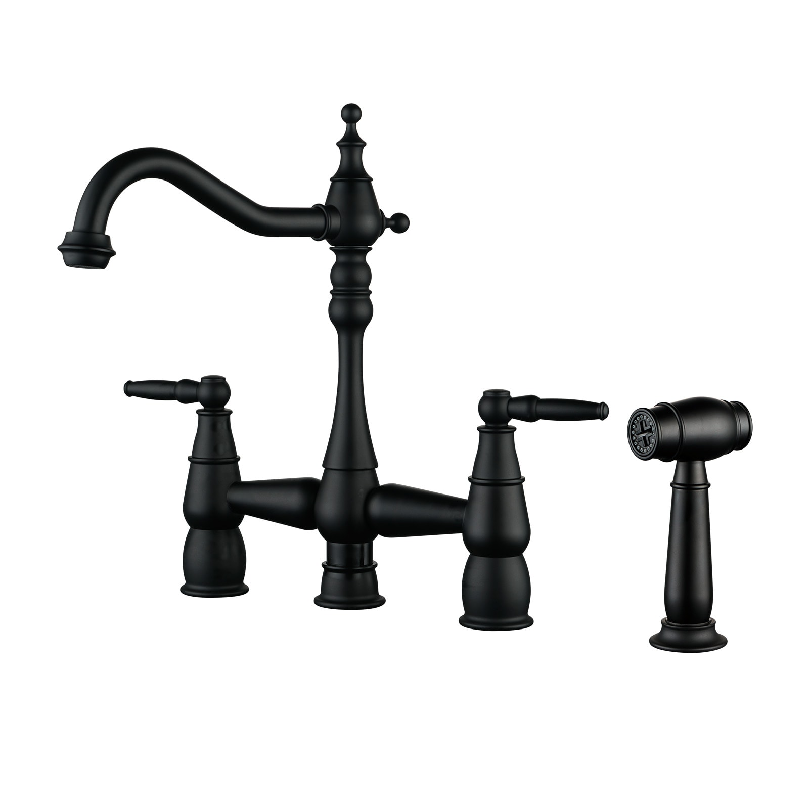 WOWOW 2317001B Matte Black Double Handle Deck-mount Bridge Kitchen Faucet with Sprayer ( Side Sprayer Included )