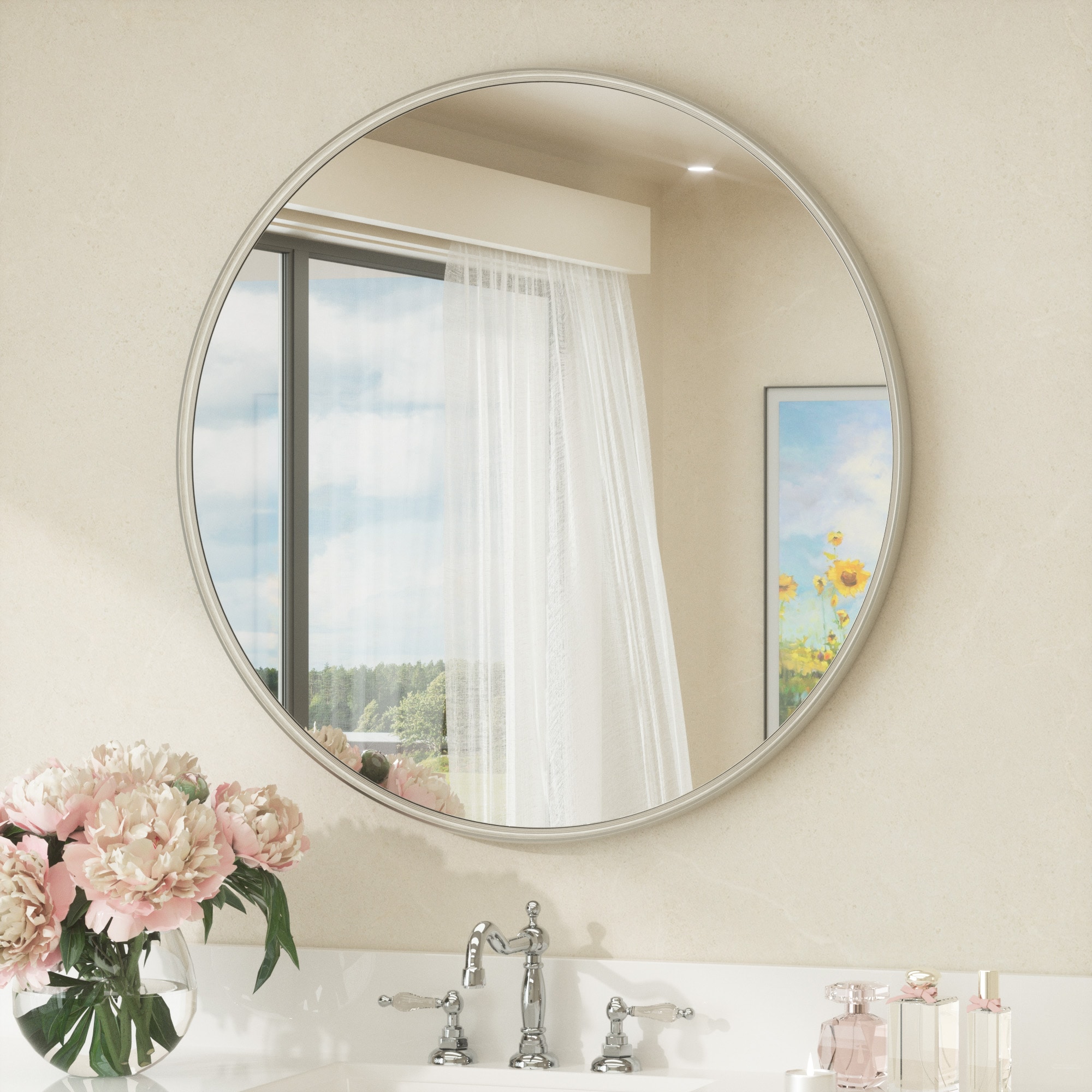Keonjinn LW-YX18-R71NI Bathroom Mirrors 28-in W x 28-in H Round Brushed Nickel Beveled Wall Mirror