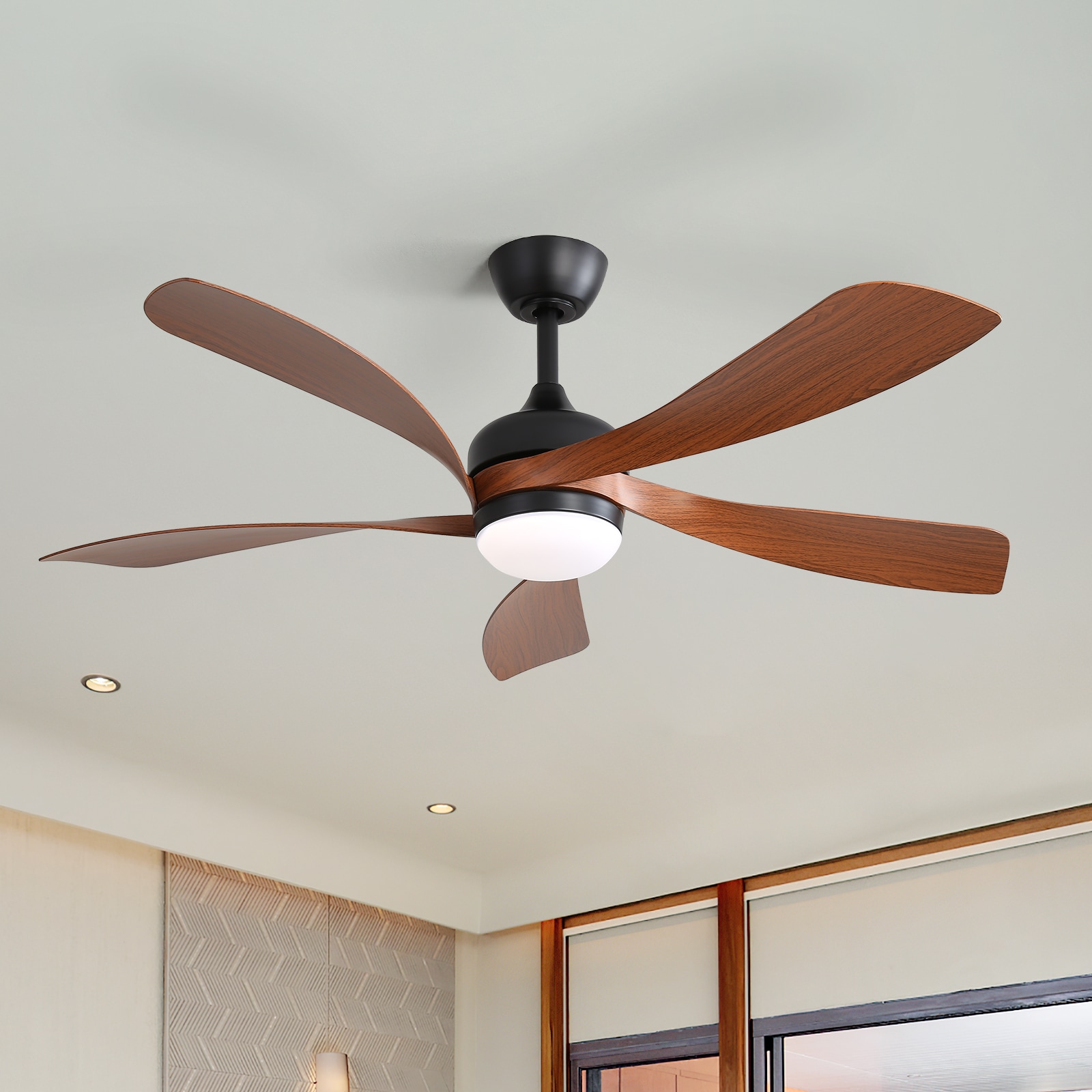 Sofucor L-52K096-BK-ABSSMW60 Ayris 52-in Integrated LED Outdoor Black with Brown Blades Ceiling Fan With Light and Remote ( 5 -Blade )
