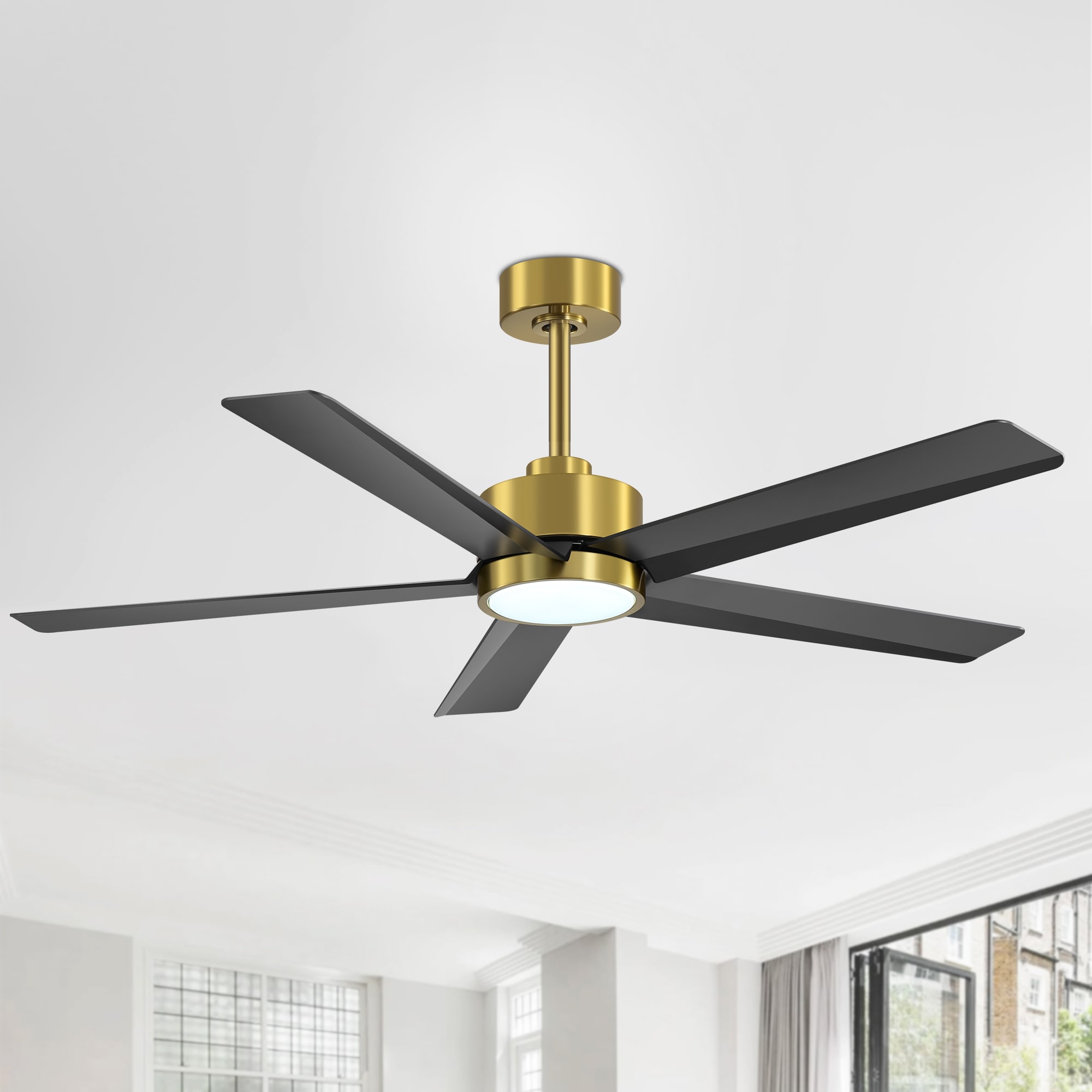 Breezary 24031-GB 52-in Color-Changing Integrated LED Matte Black and Gold with Black Blades Ceiling Fan With Light - Remote Included ( 5 -Blade )