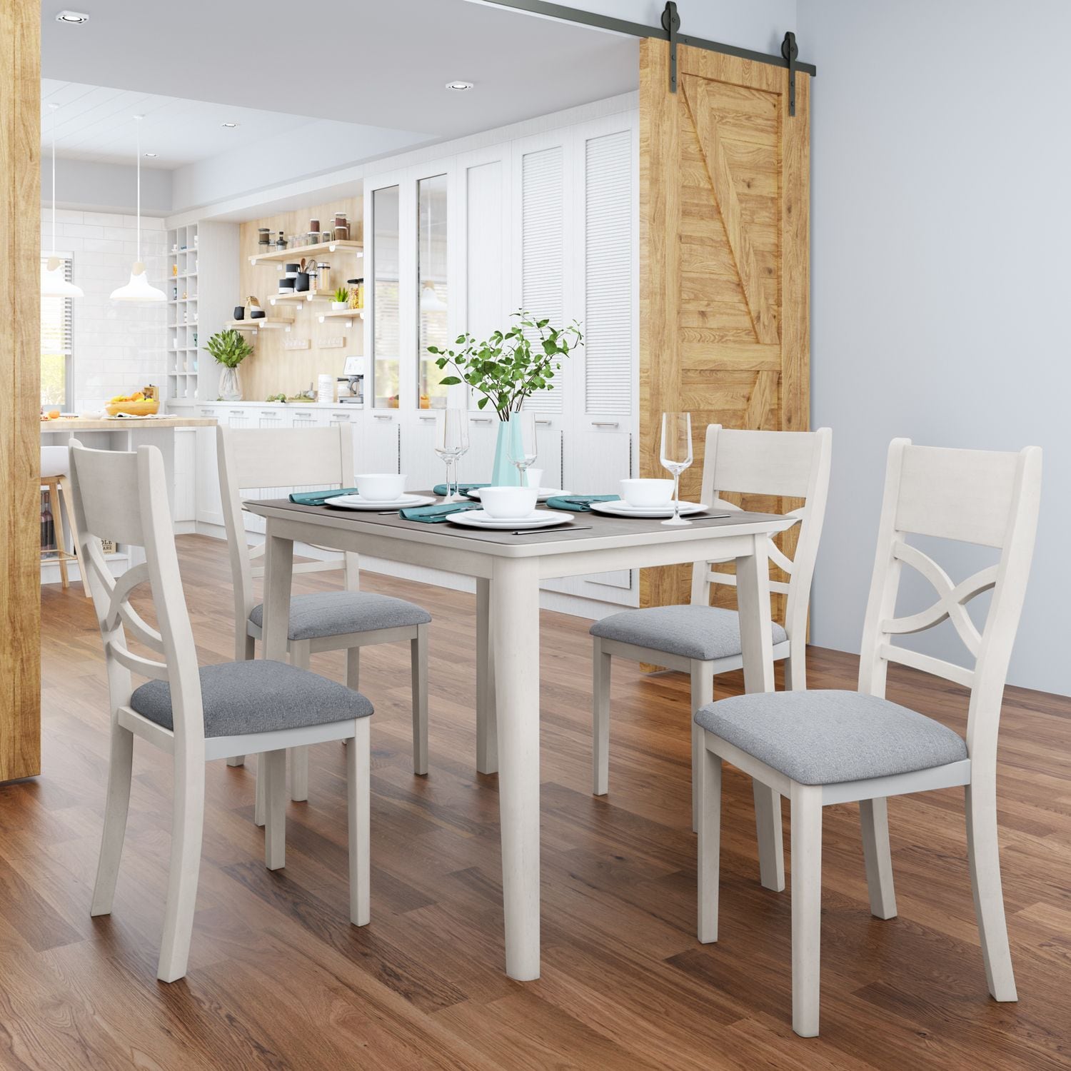 JASMODER SH000171AAE Farmhouse Rustic Wood 5-Piece Kitchen Dining Table Set With 4 Upholstered Padded Chairs, Light Grey+White