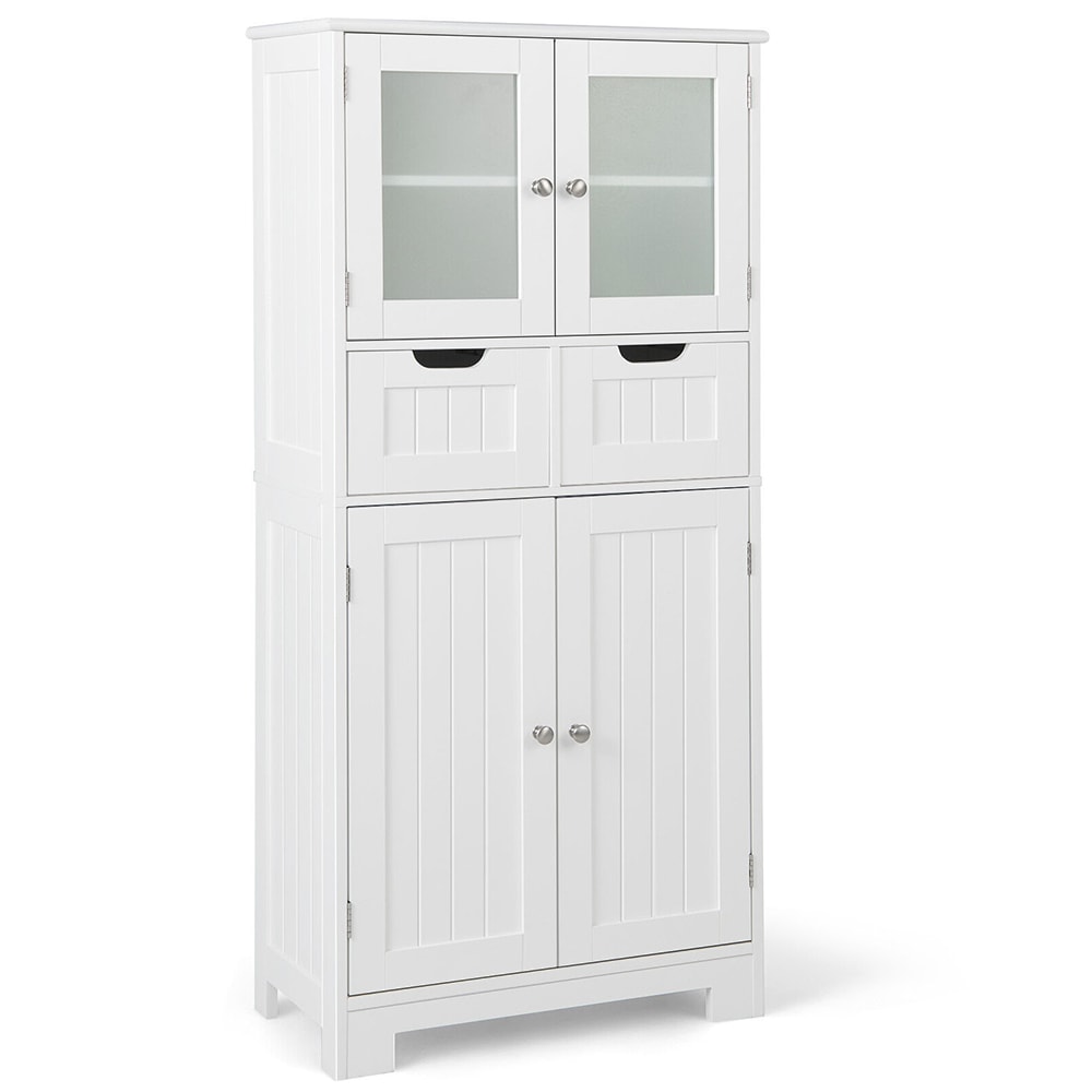 Slickblue D-CO-HW34601VJ Multipurpose Linen Cabinet with 4 Doors and 2 Drawers 23.5 x 50.5 x 12 White/Gray MDF Freestanding Linen Cabinet for Bathroom Study or Office