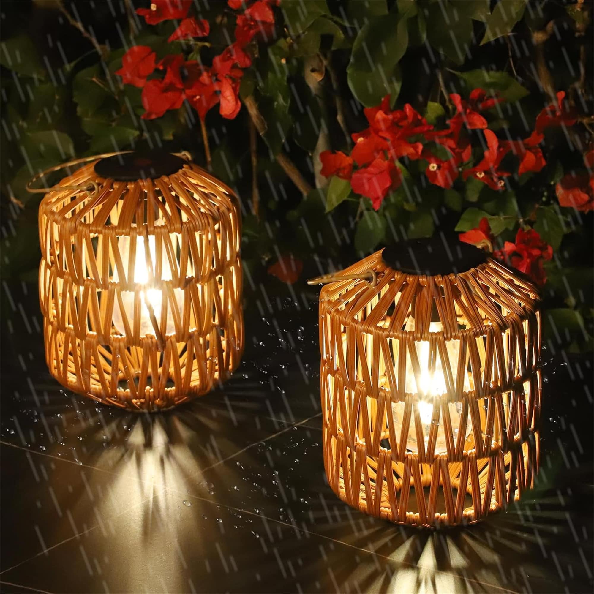 BABOOM 6.3-in x 7.6-in Brown Rattan Solar Outdoor Decorative Lantern