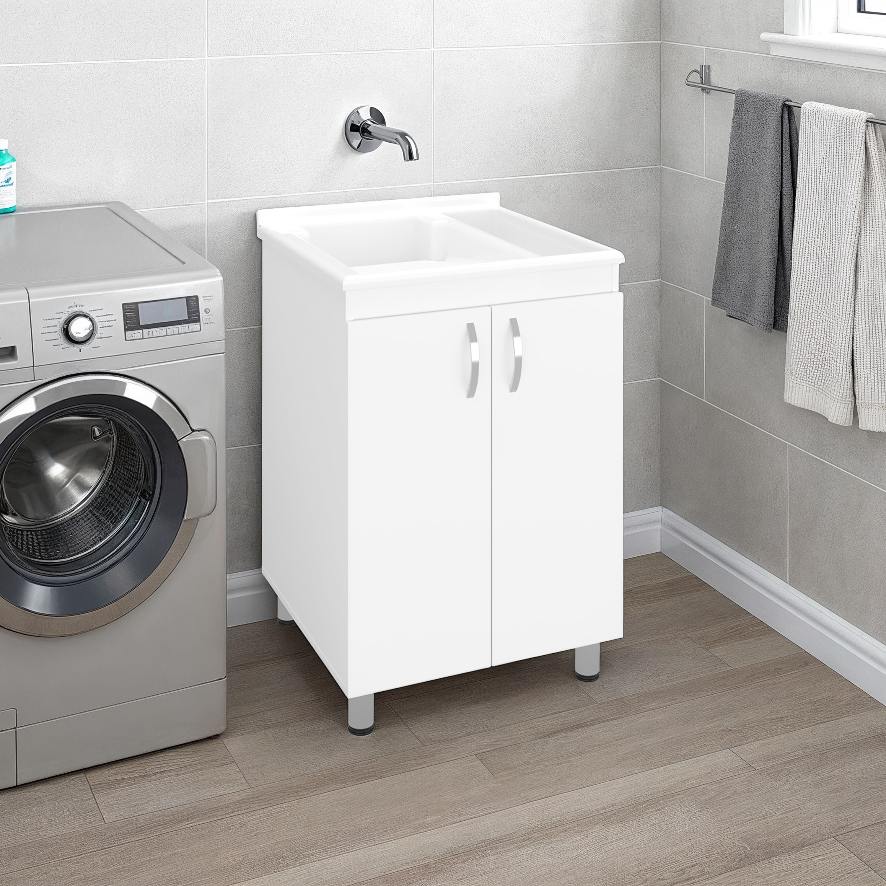 Lirago Foster 2 Door Utility Tub and Sink Freestanding Cabinet with 2 Interior Storager Shelves Utility Sink for Laundry Rooms or Garage