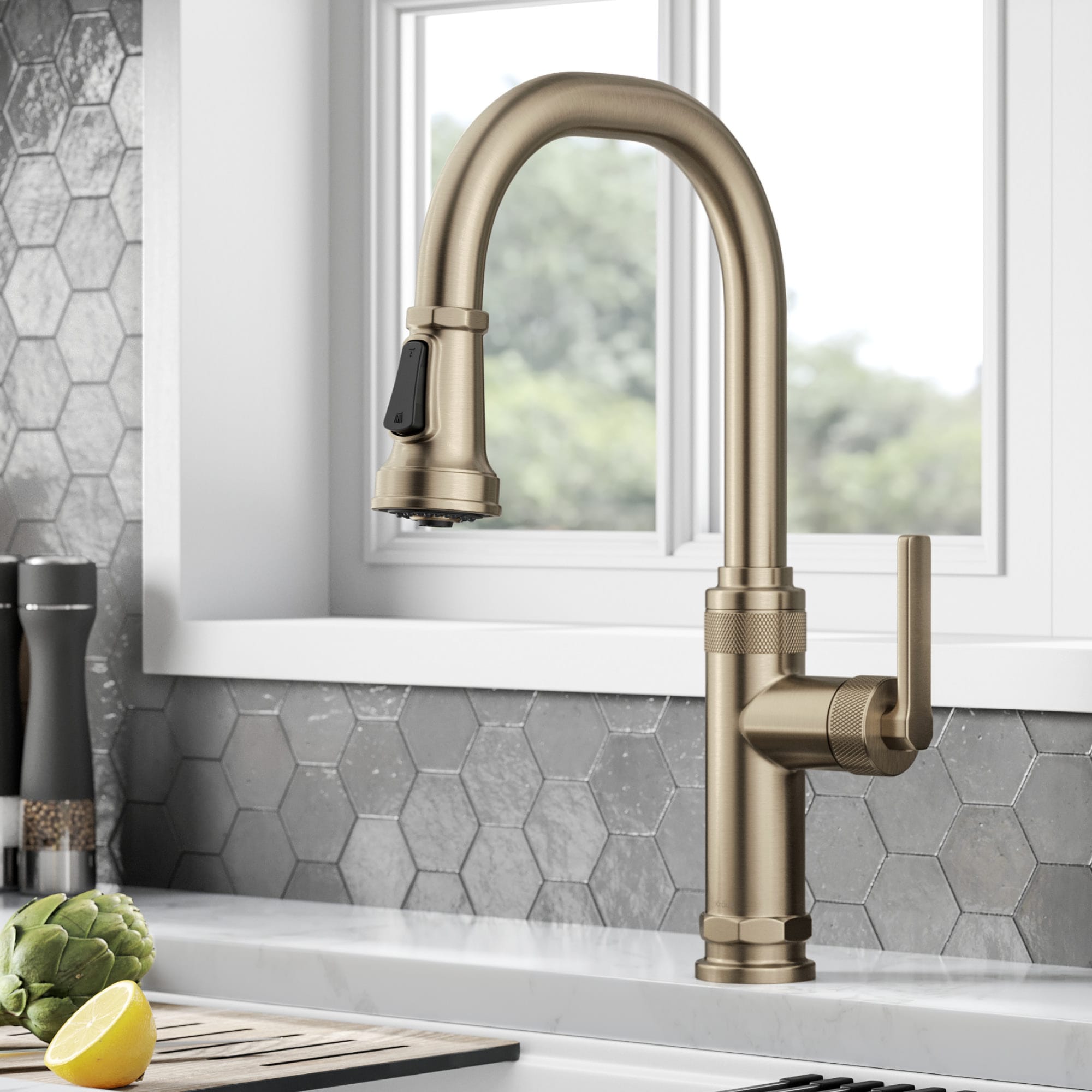 Kraus KPF-4102SFACB Allyn Spot Free Antique Champagne Bronze Single Handle Deck-mount Kitchen Faucet with Sprayer