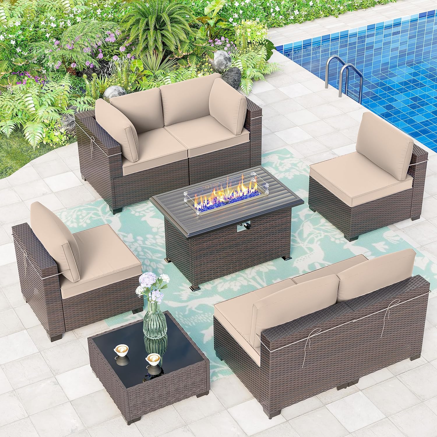 ALAULM LS-7+FP-SAND 8-Piece Rattan Patio Conversation Set with Yellow Cushions