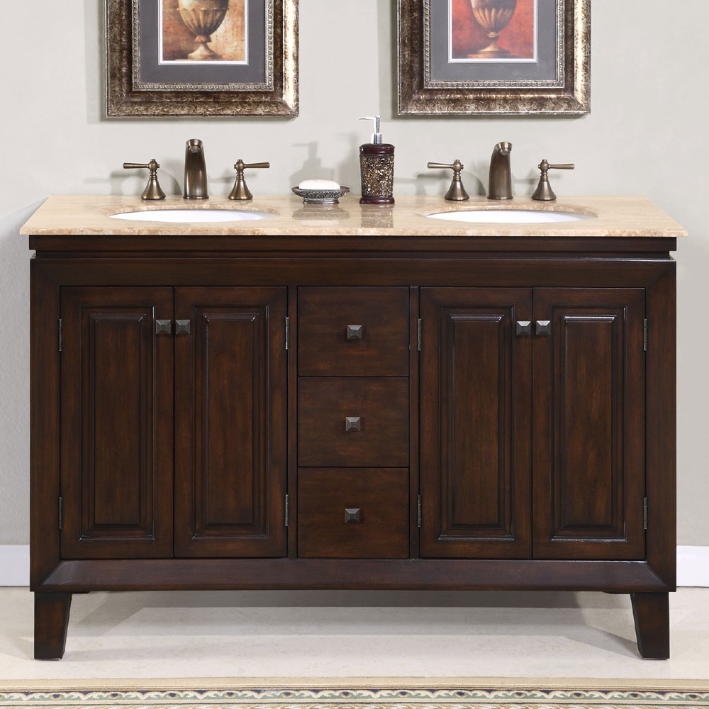 55-in Dark Walnut Undermount Double Sink Bathroom Vanity with Travertine Top in Brown | - Silkroad Exclusive HYP-0208-T-UWC-55
