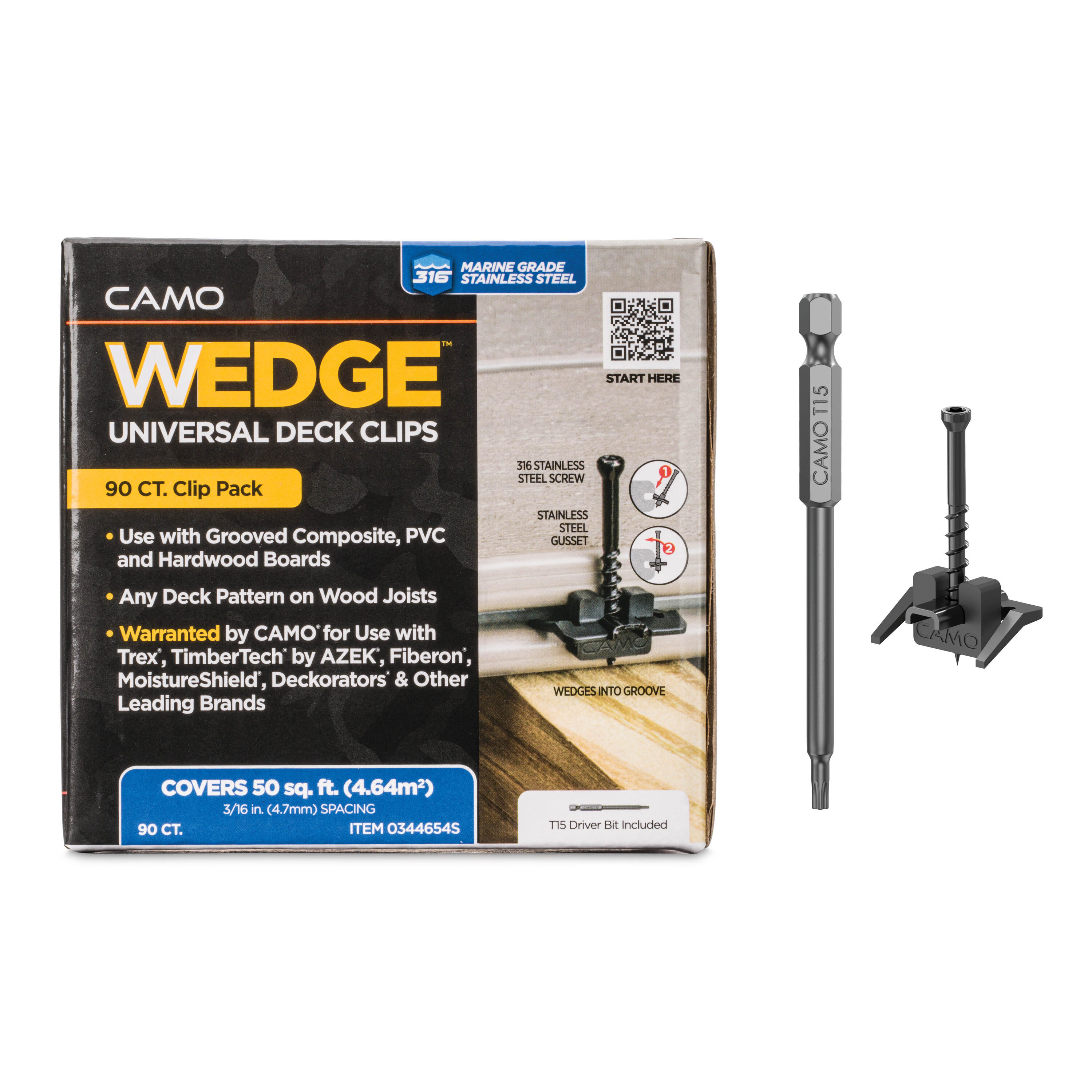 CAMO 0344654S Wedge Clip 1.75 Inches 316 Stainless Steel Hidden Deck Fastener 50 Square feet ( 90 -Pack )