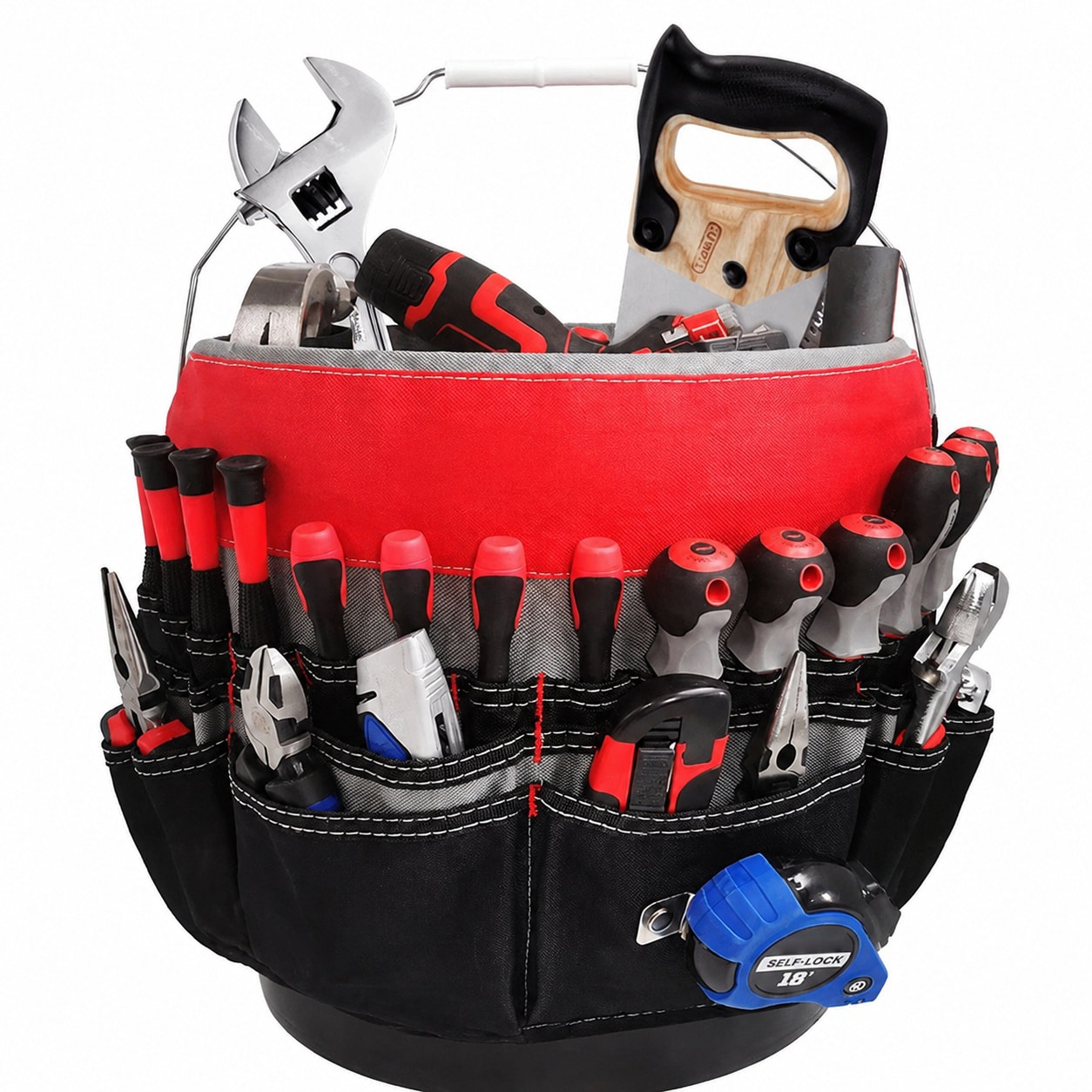 Phyfalip  Bucket Tool Organizer Fits 3 5 to 5 Gallon Buckets 51 Pockets Tool Caddy for Garden Construction Electrician Carpenter Builder Red Black