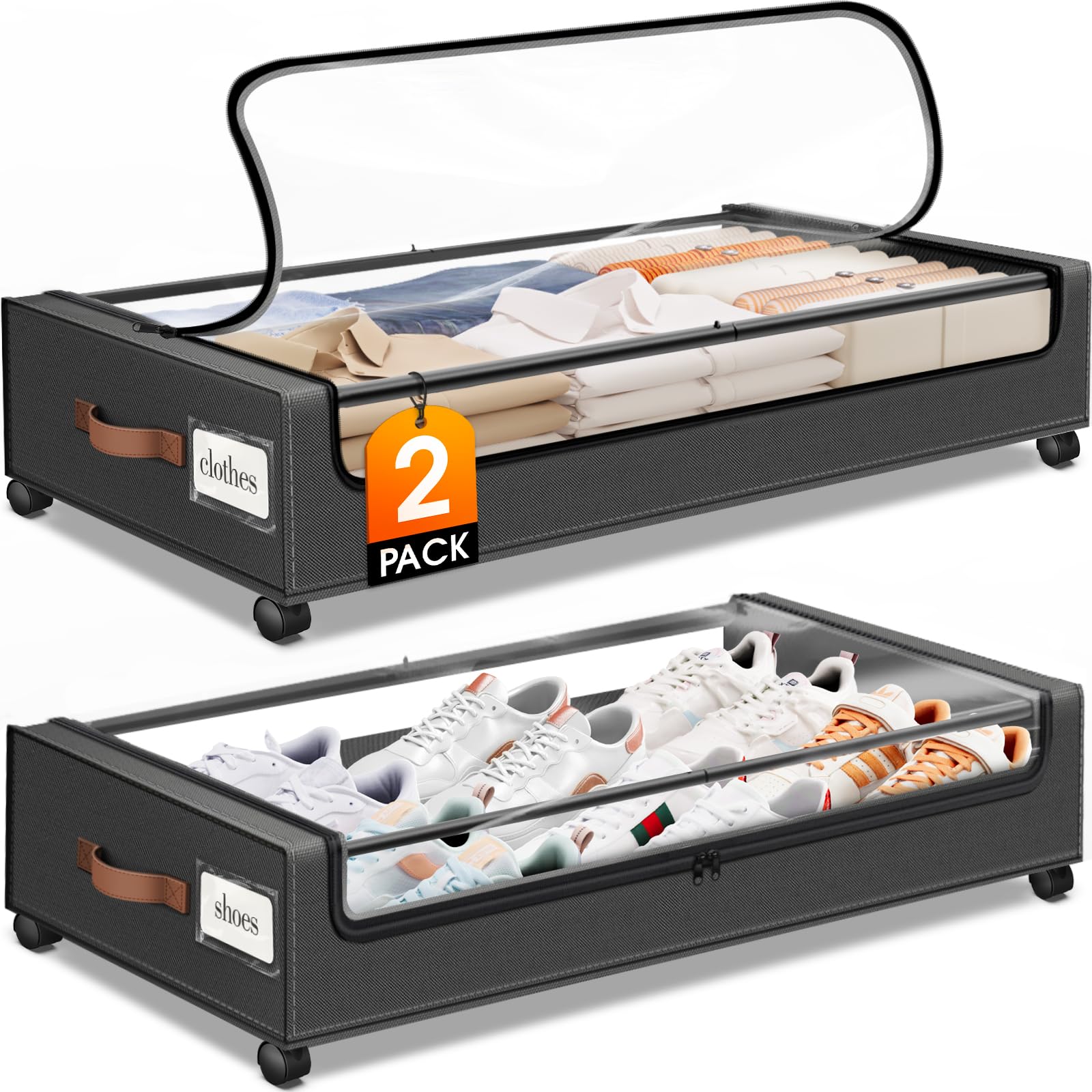 URIACG Dark Grey 2 Pack Under Bed Storage With Wheels Leather Handles Visible Window Large Capacity 600D Oxford Cloth