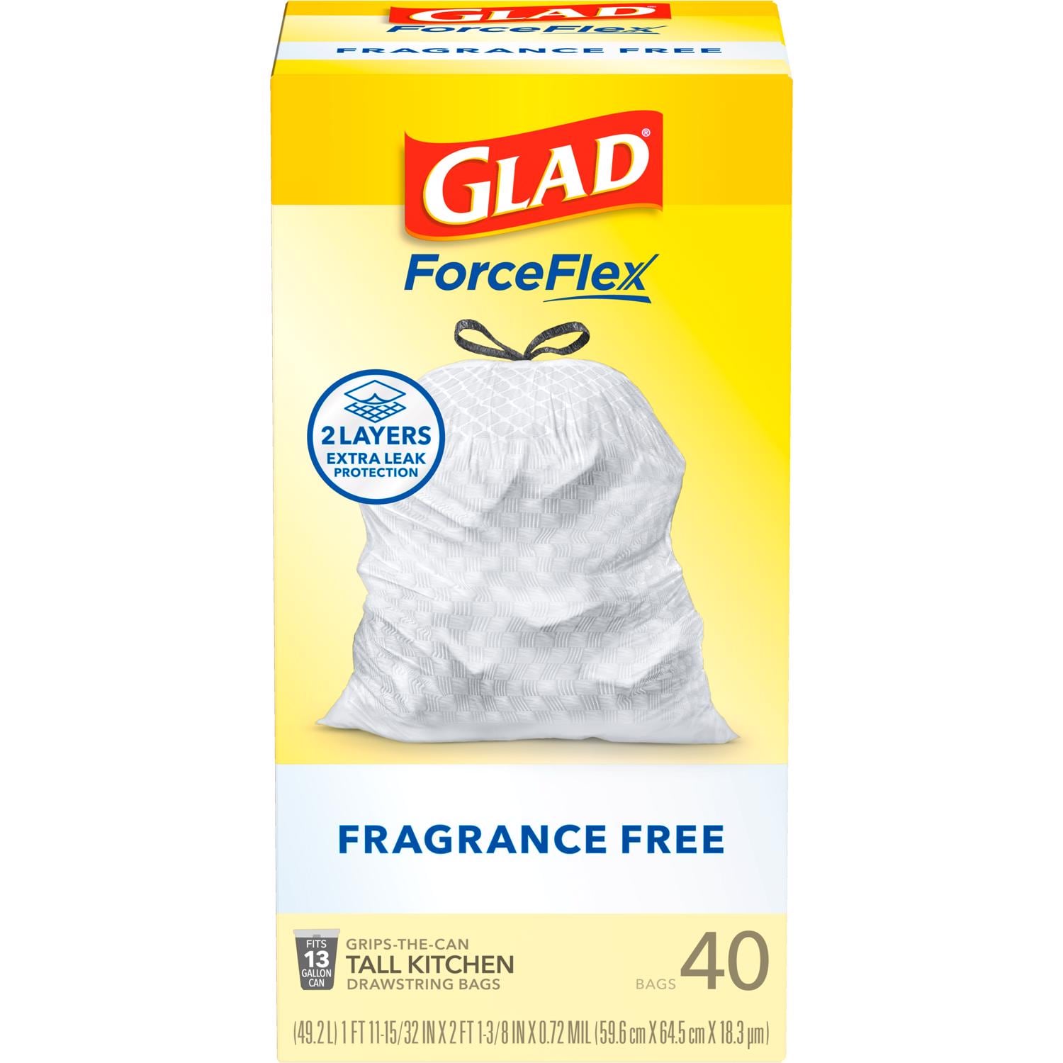 Glad EJD6082745--6-1 Force Flex 13 gal No Scent Kitchen Trash Bags Drawstring 40 pk Case of 6