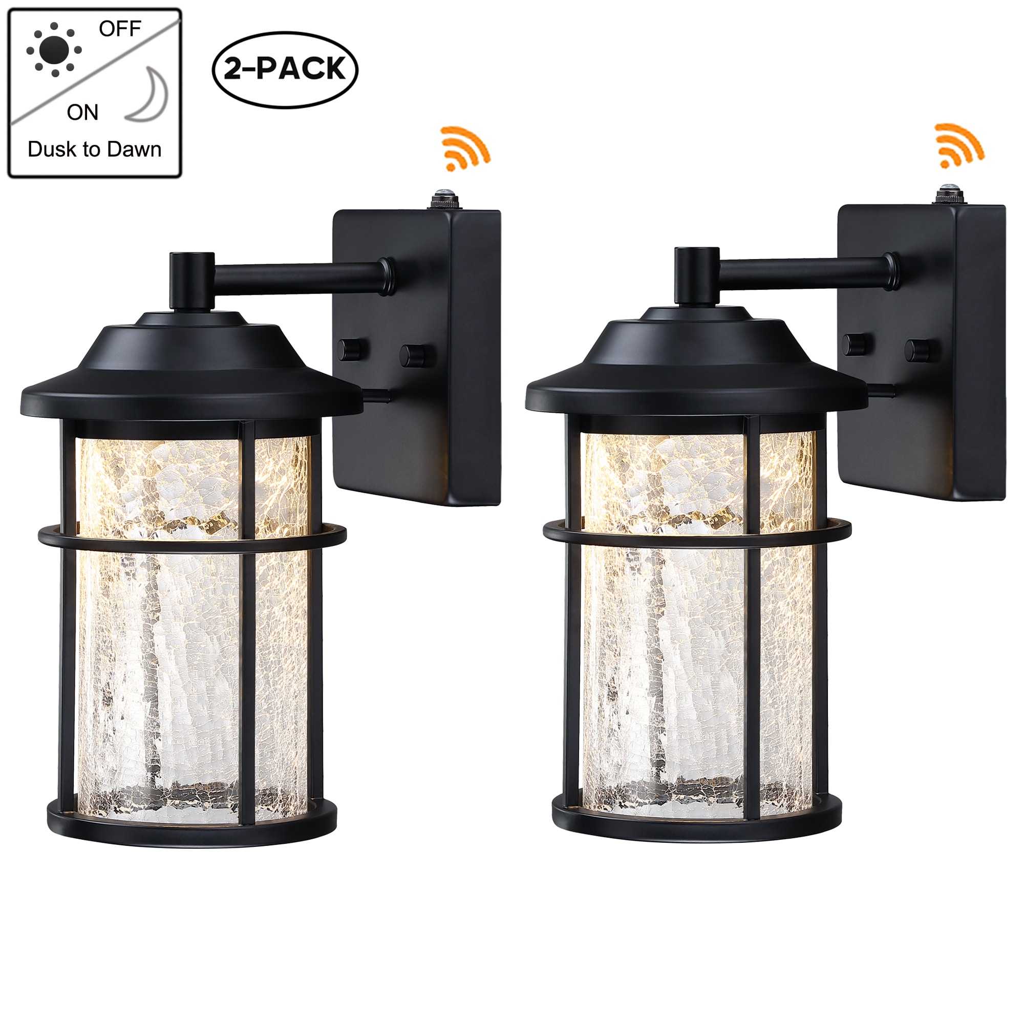 Hukoro 2FL14633-BK-S-LED Crackled Glass 2 -Pack 12-in H Matte Black Hardwired Dusk to Dawn Integrated LED Outdoor Wall Light
