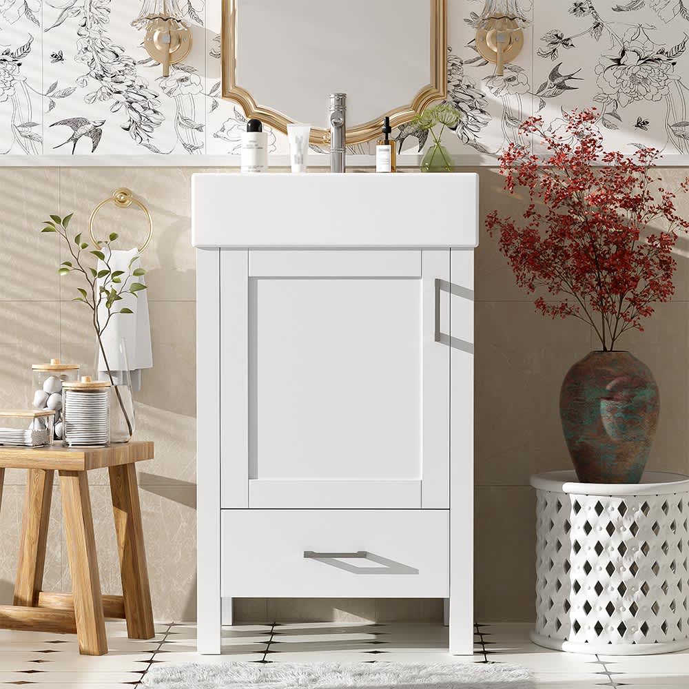 JUJABU ZJBATHROVAN-2 White 20.28in Modern Bathroom Vanity with Ceramic Sink Solid Wood Frame and Drawer for Small Bathrooms