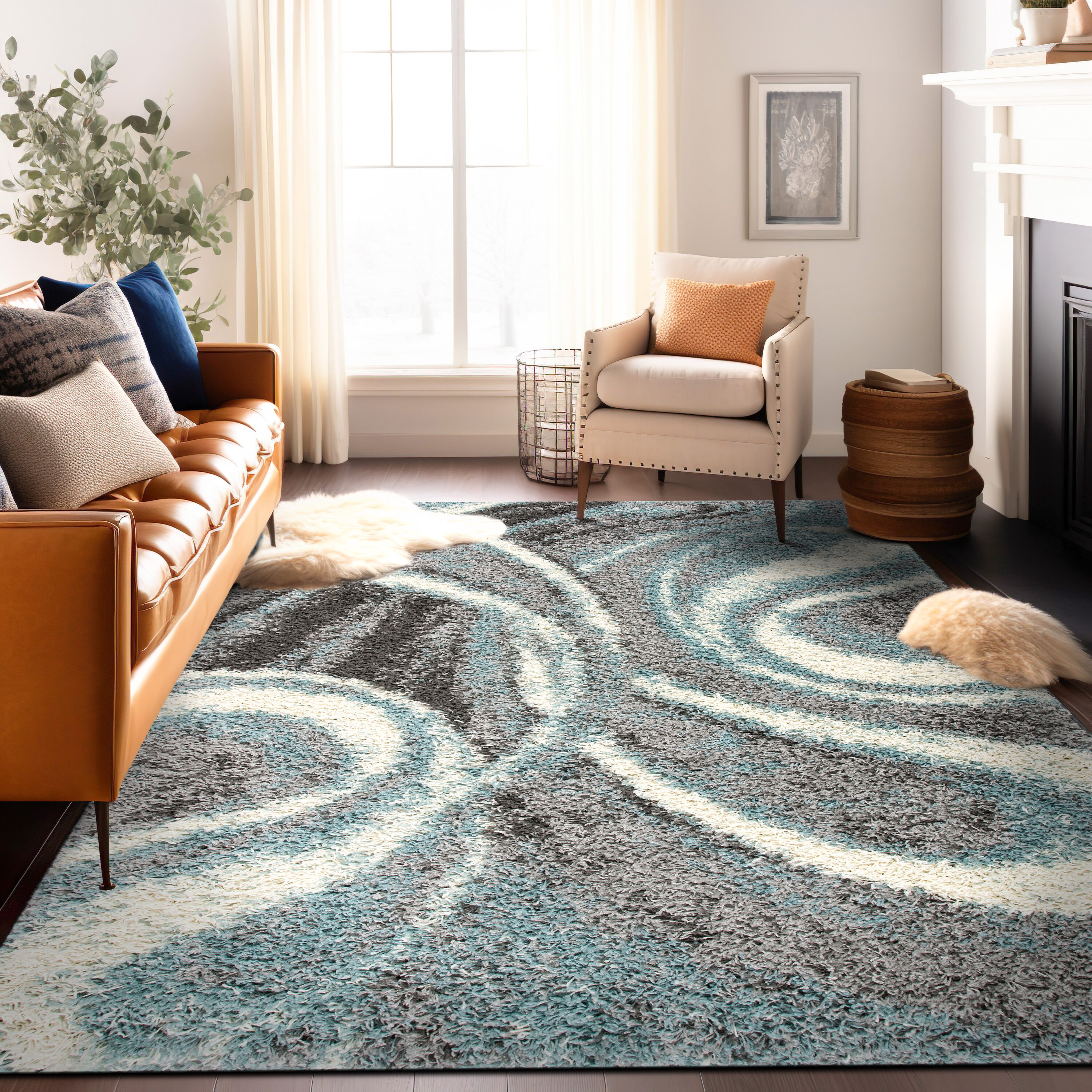 Blue and Gray Abstract Shag 5' x 7' Area Rug
