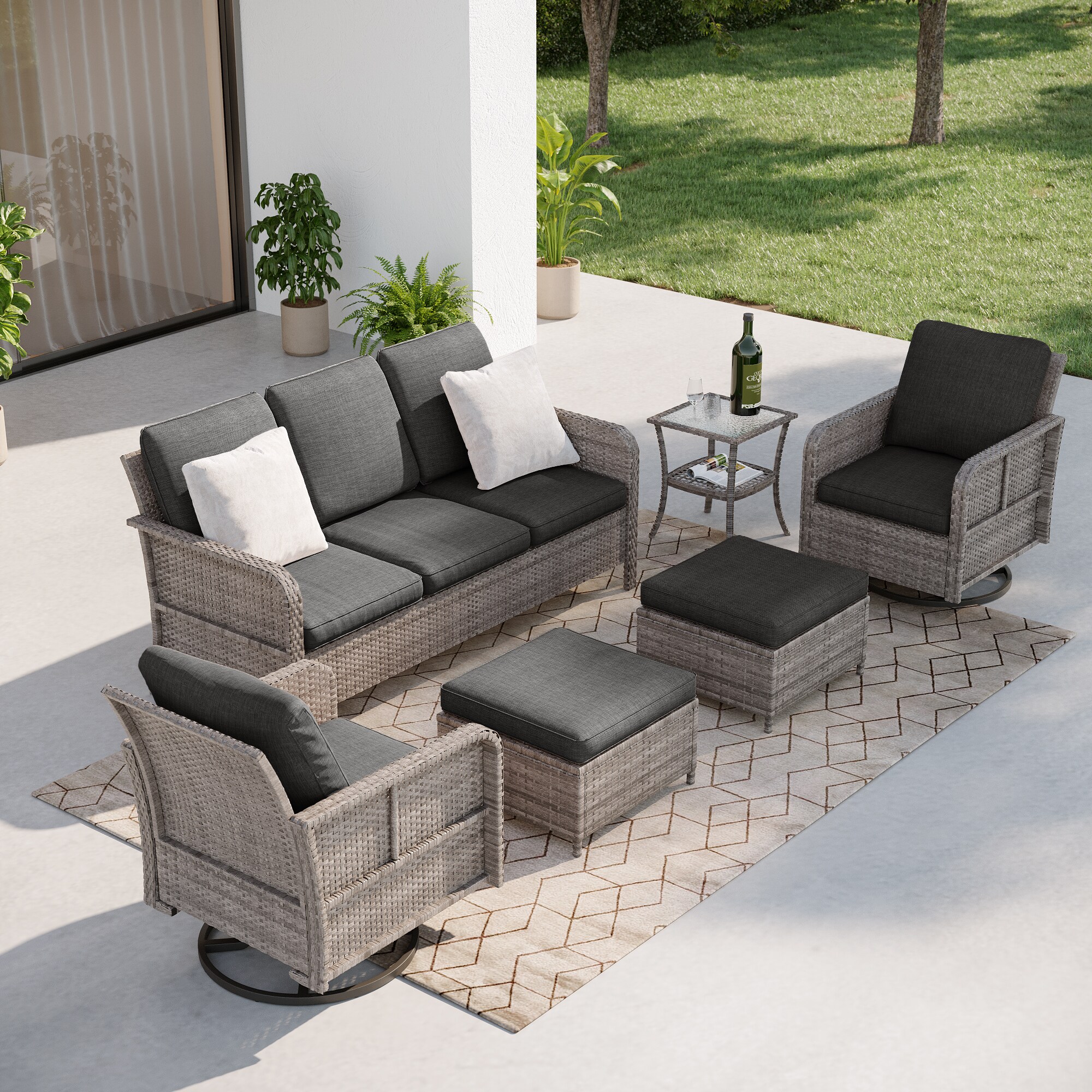 Sonkuki SD-C-BNY-S1 6-Piece Wicker Patio Sofa Conversation Set with Black Cushions