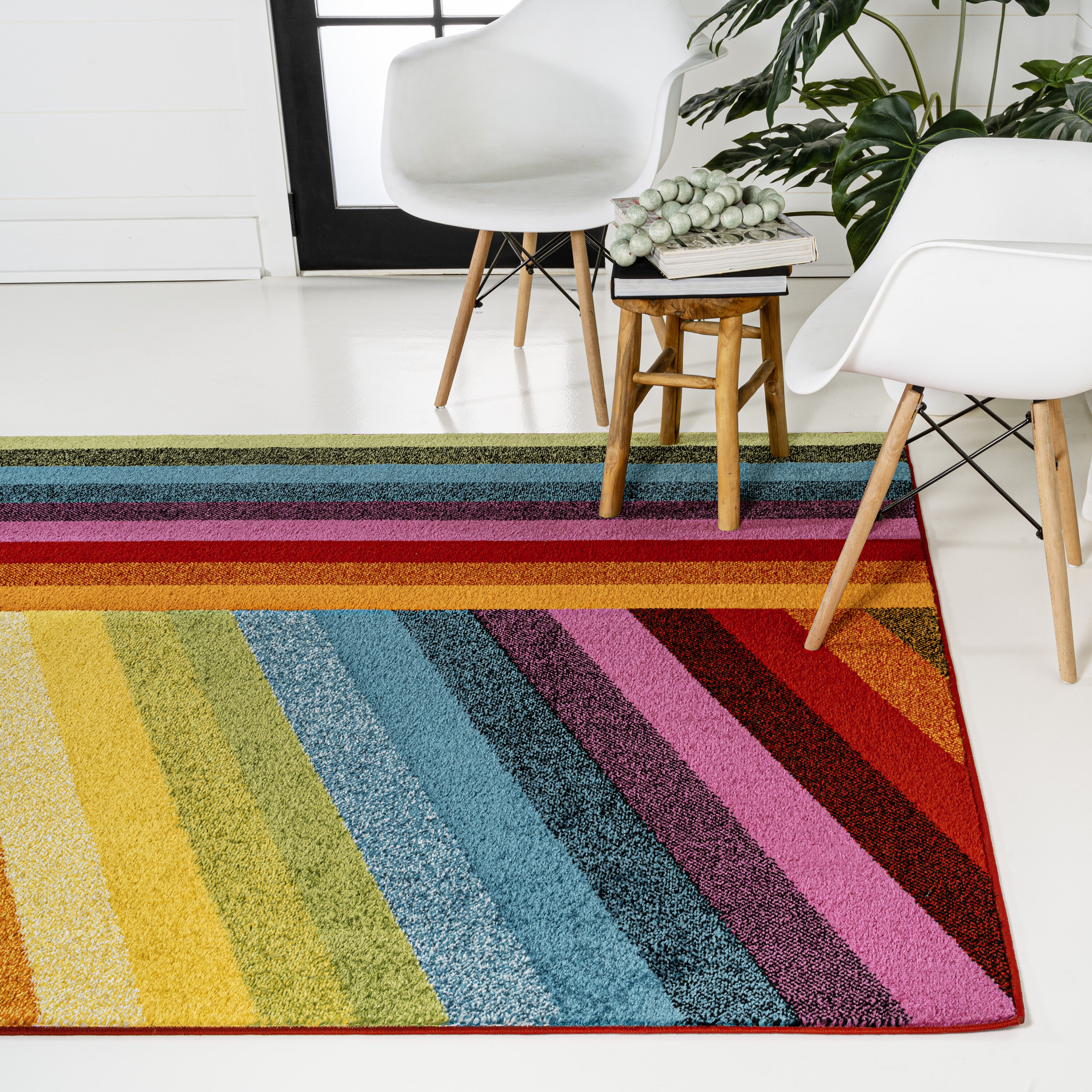 Retro Rainbow Multi-Color Synthetic Stripe Kids Area Rug 3' x 5'