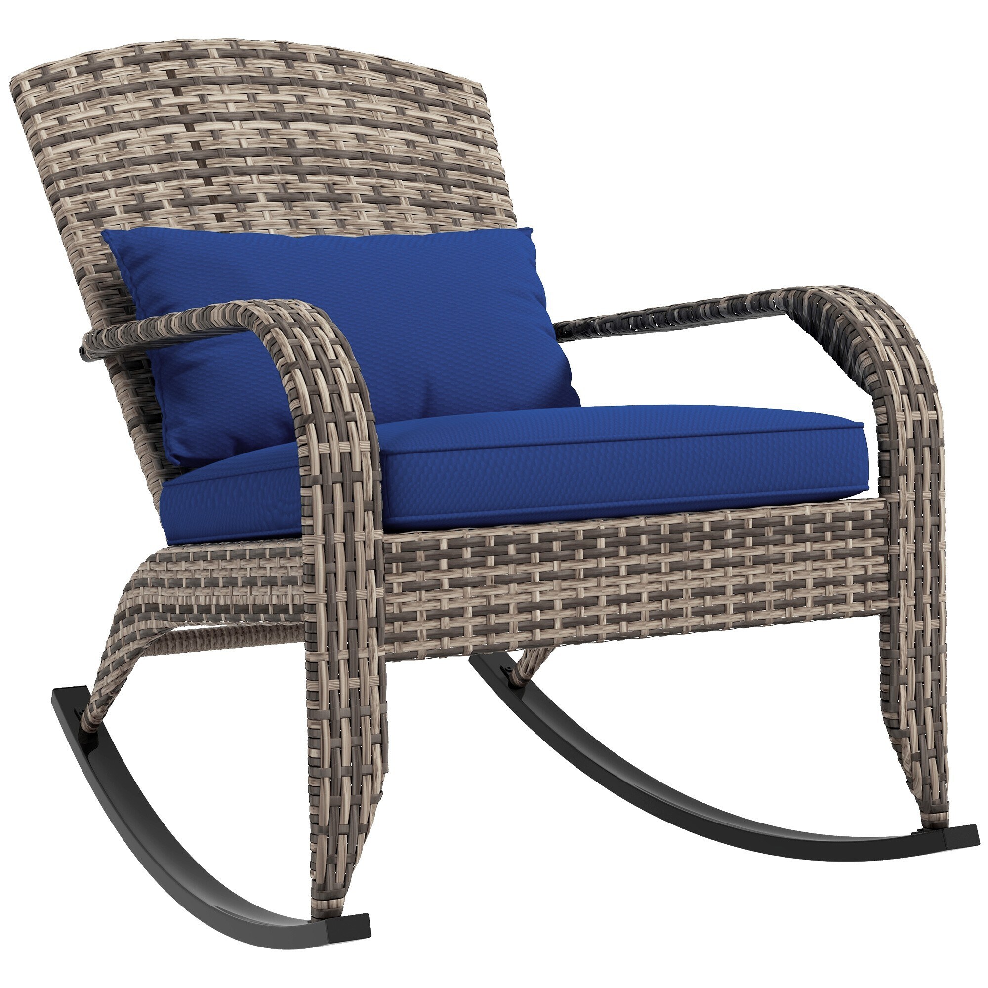 Miki Shinly AB-4022-133JJ Wicker Adirondack Rocking Chair Wicker Brown Rattan Frame Stationary Rocking Chair with Blue Cushioned Seat