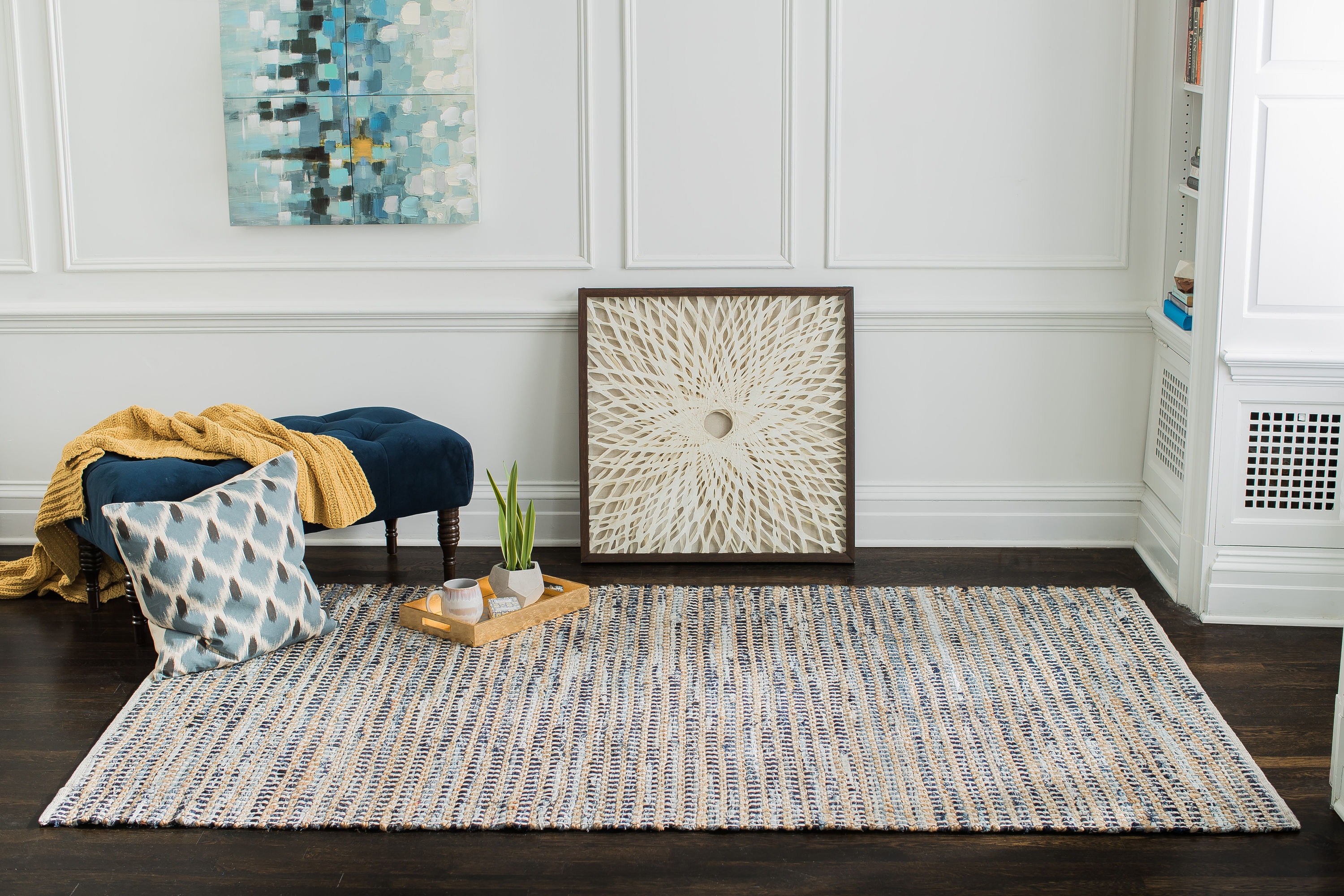 Handmade Blue Wool and Cotton 8' x 10' Rectangular Rug