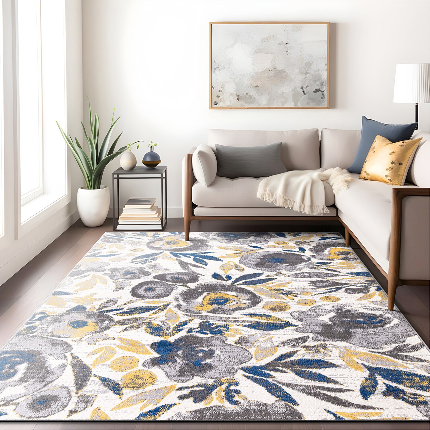 Ivory Floral Bliss 5' x 7' Easy-Care Synthetic Area Rug