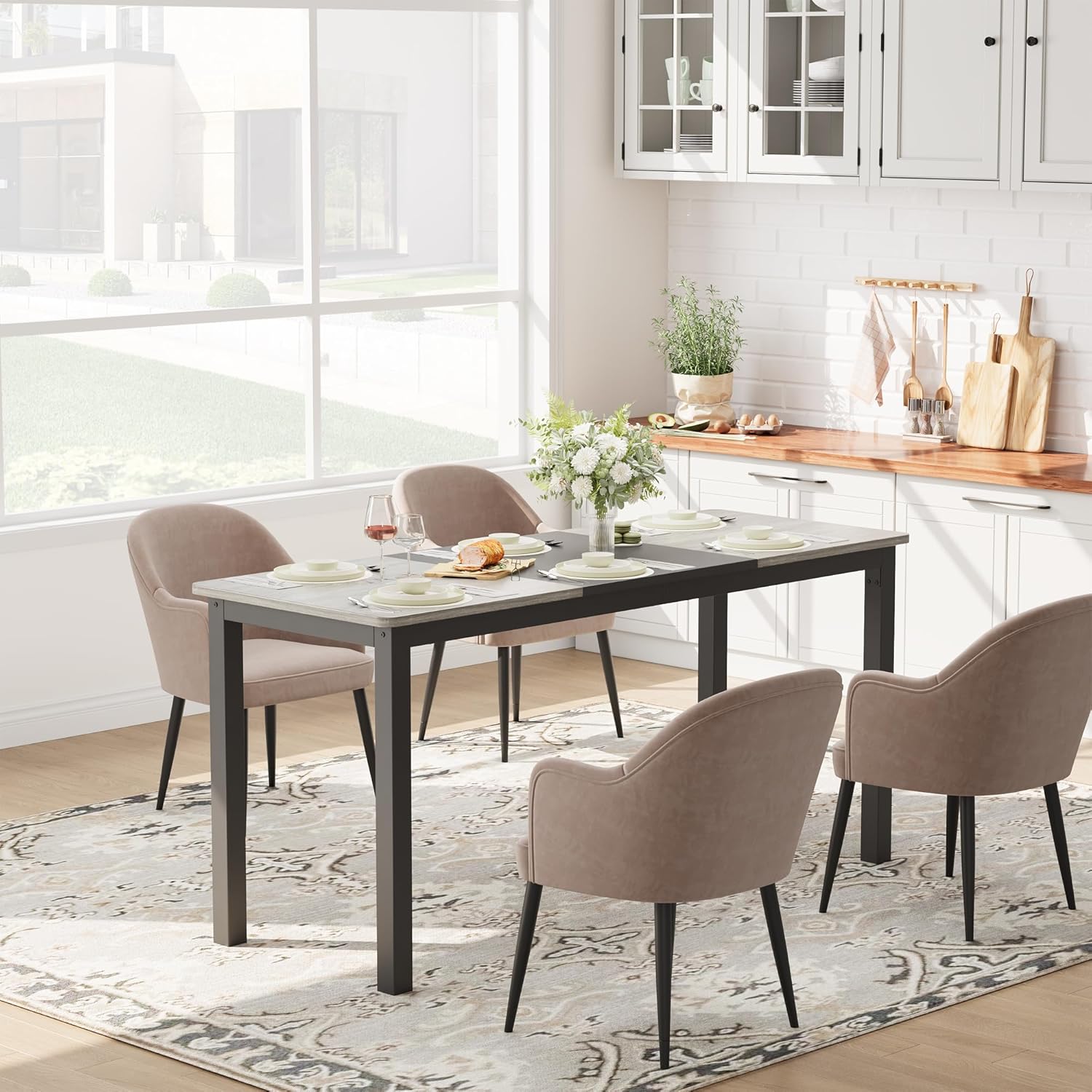 Qeetex DUKE-PHO-1682ZZ9C Dining Table for 4-6 People 63 inch Long Wooden Rectangular Kitchen Table with Sturdy Metal Legs Heavy Duty Dining Room Table for Large Family 23.6 inch D x 63 inch W Black + Gray