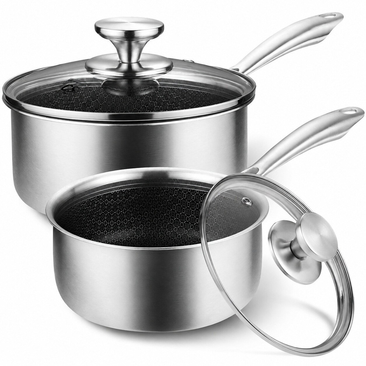 DHMHD  Hybrid Nonstick Stainless Steel Saucepan Set One Quart and Two Quart Triply Stainless Steel with Honeycomb Interior Four Piece Induction