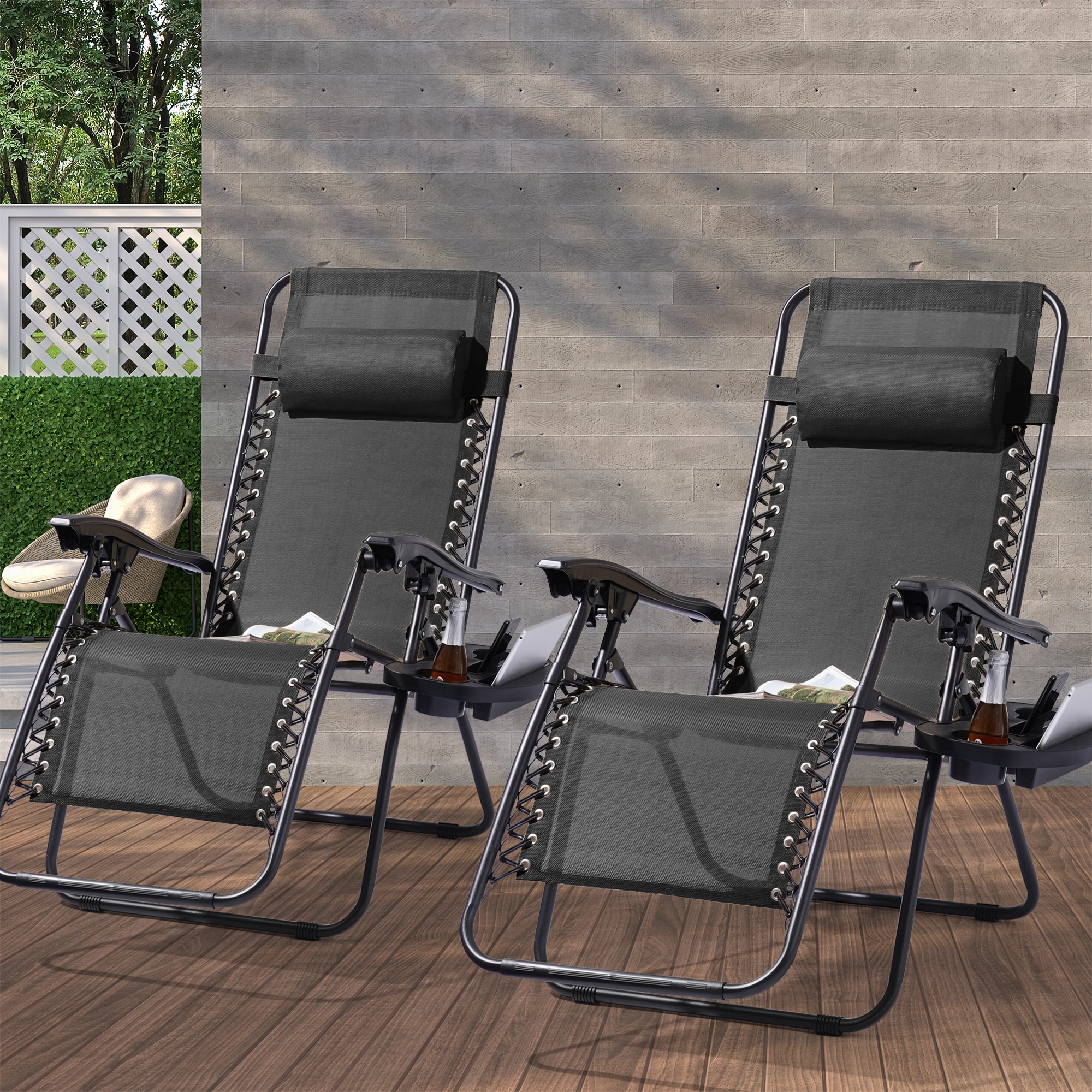 Sonkuki SD-ZERO-LF002BK Patio Chair Set of 2 Black Metal Frame Glider Zero Gravity Chair with Black Mesh Seat