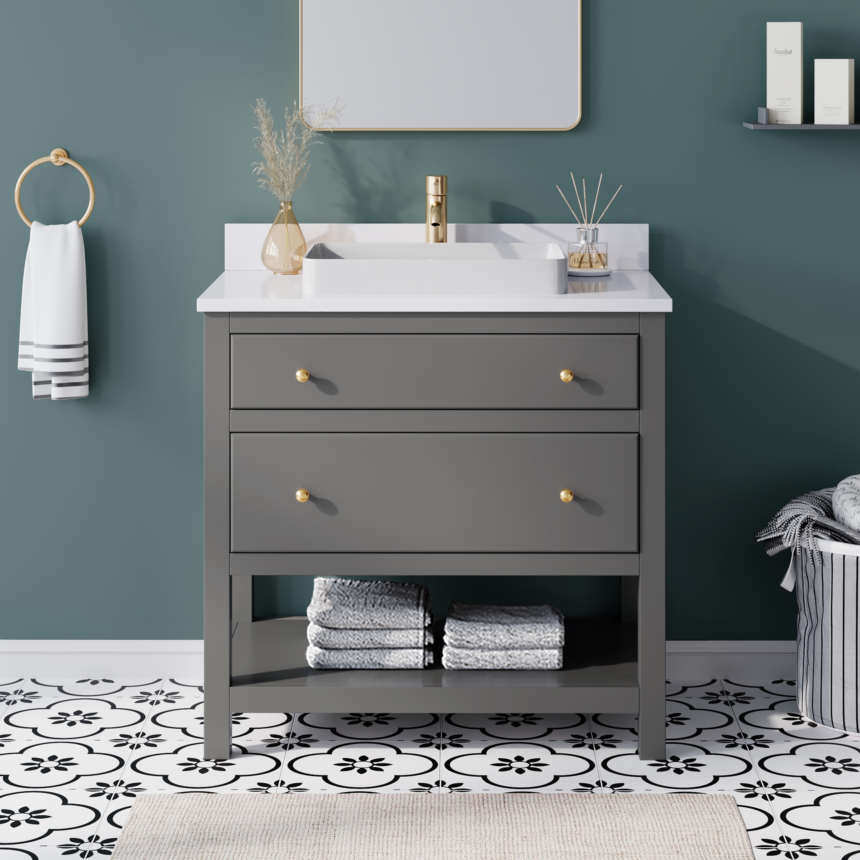 Beal 36-in Gauntlet Gray Semi-recessed Single Sink Bathroom Vanity with White Engineered Stone Top | - Origin 21 L22097-VS36-GG