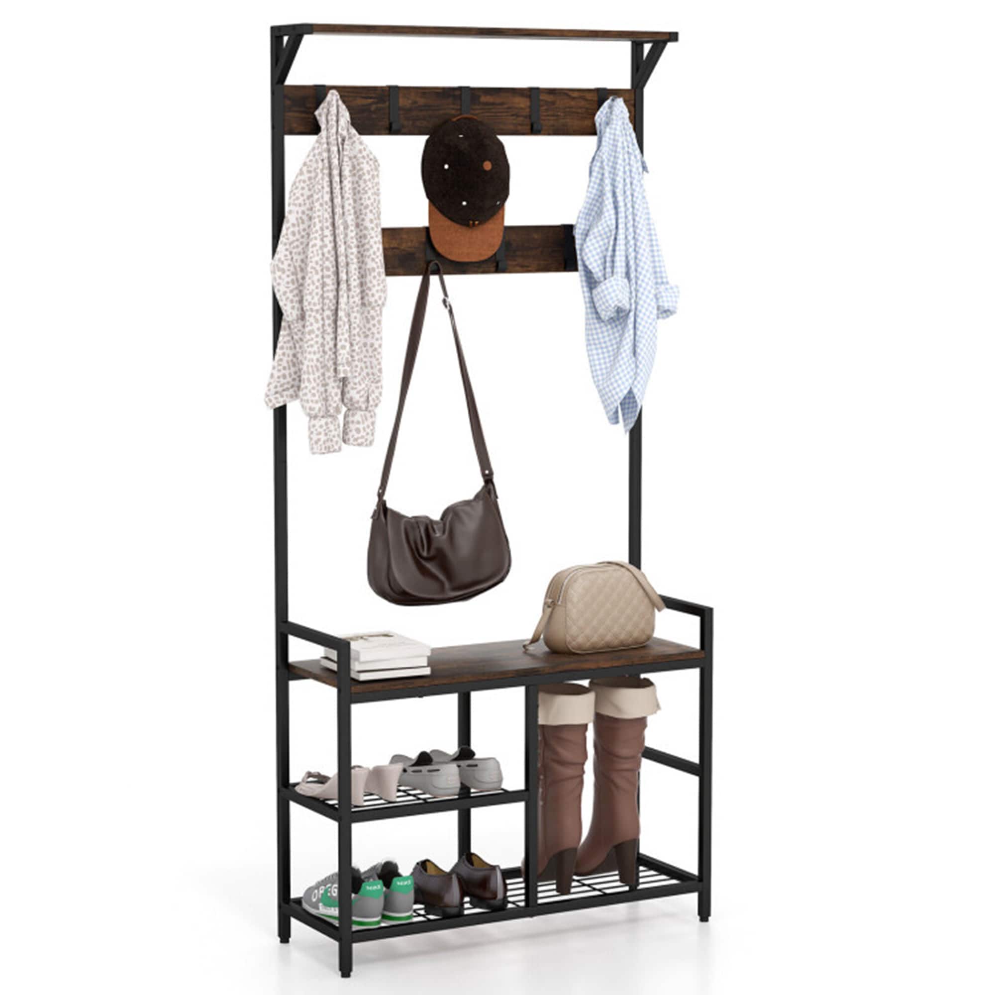 Clihome 3-in-1 Multi-Functional Clothes Rack Bench Black and Brown